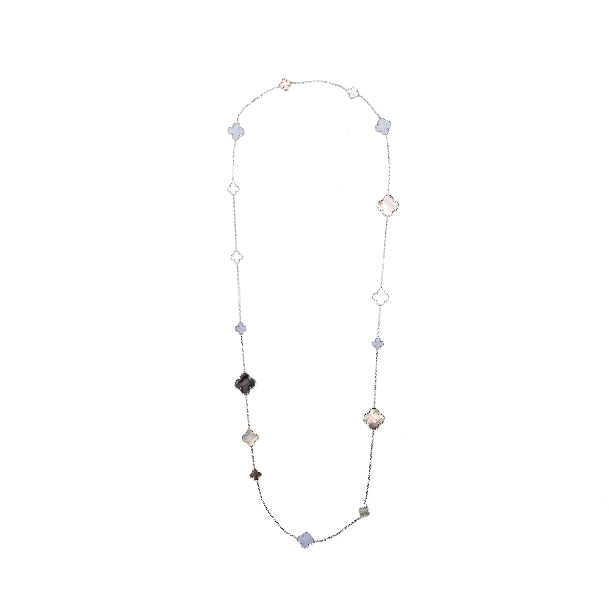 VAN CLEEF & ARPELS MAGIC ALHAMBRA 16-MOTIF LONG NECKLACE WHITE GOLD/ WHITE AND GREY MOTHER OF PEARL/ CHALCEDONY