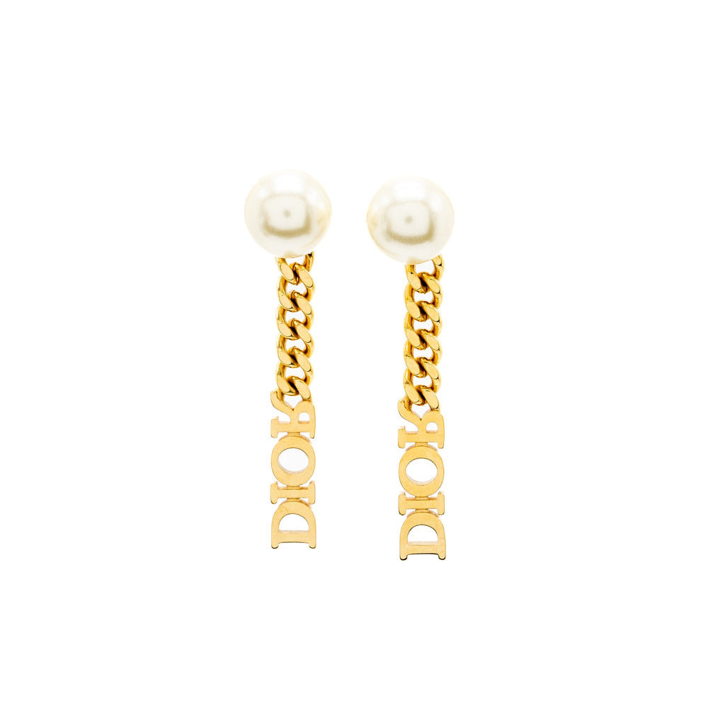 DIOR LETTER DROPPED EARRINGS CRYSTAL/PEARL GOLD TONE