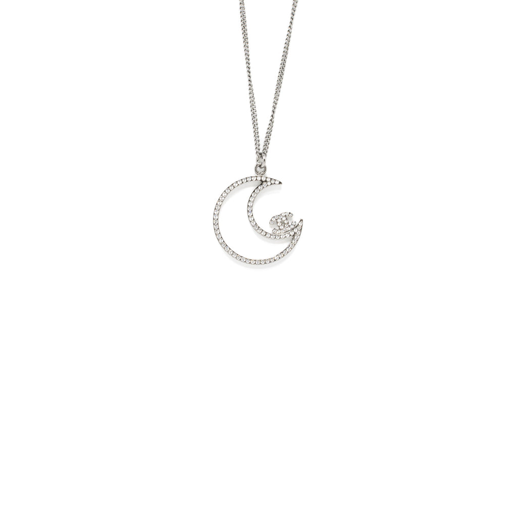 CHANEL 17K MOON WITH CC LOGO NECKLACE CRYSTAL SILVER TONE