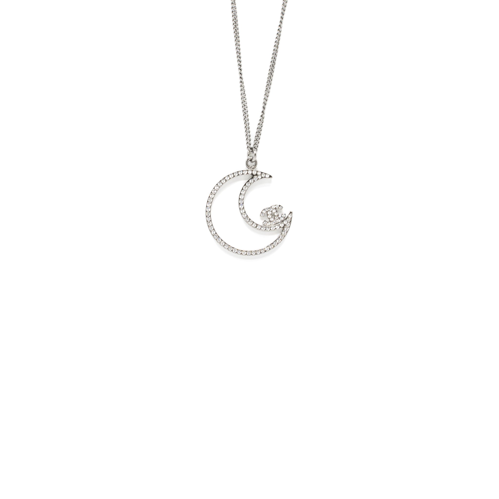 CHANEL 17K MOON WITH CC LOGO NECKLACE CRYSTAL SILVER TONE