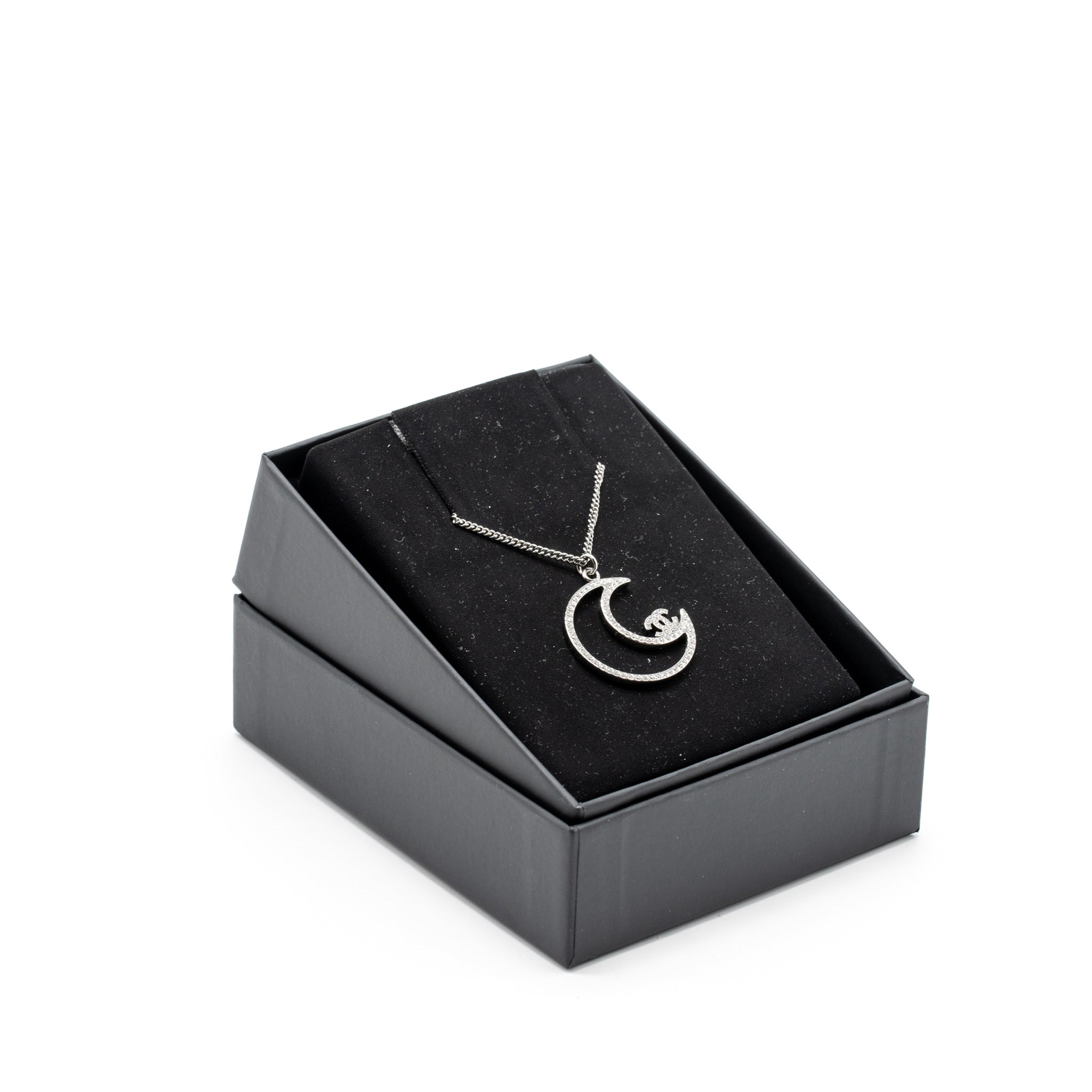 CHANEL 17K MOON WITH CC LOGO NECKLACE CRYSTAL SILVER TONE