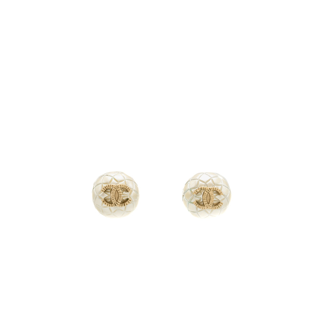 CHANEL COCO MARK QUILTED BUTTON EARRINGS LIGHT GOLD TONE
