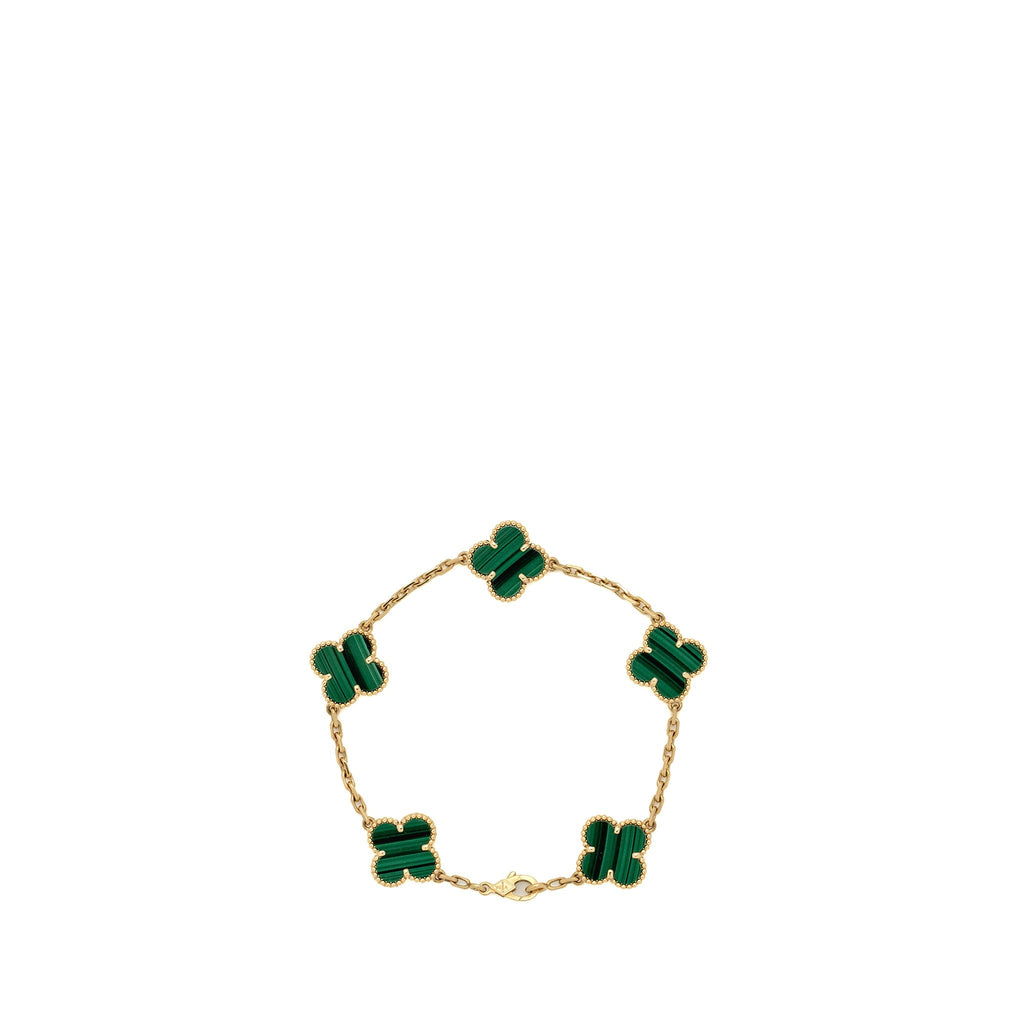 VAN CLEEF AND ARPELSS VINTAGE ALHAMBRA BRACELET 5 MOTIF, YELLOW GOLD, MALACHITE