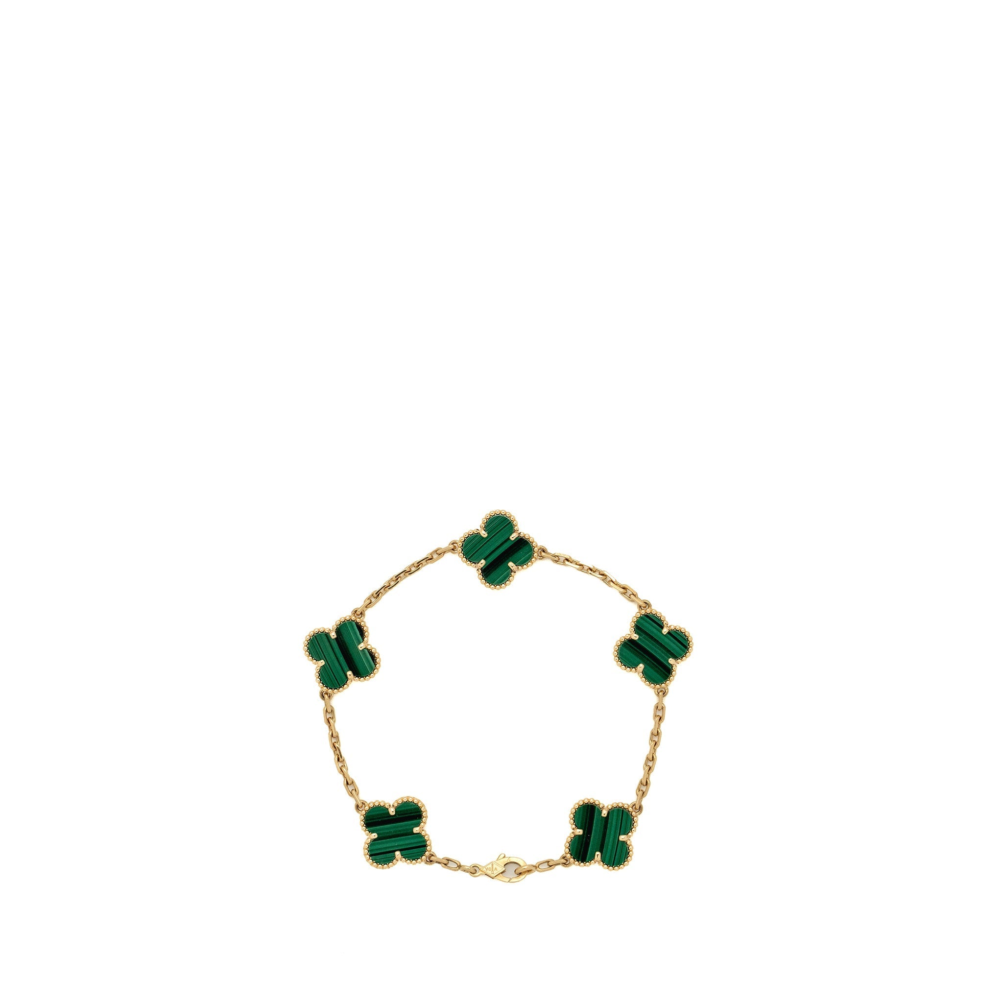 VAN CLEEF AND ARPELSS VINTAGE ALHAMBRA BRACELET 5 MOTIF, YELLOW GOLD, MALACHITE