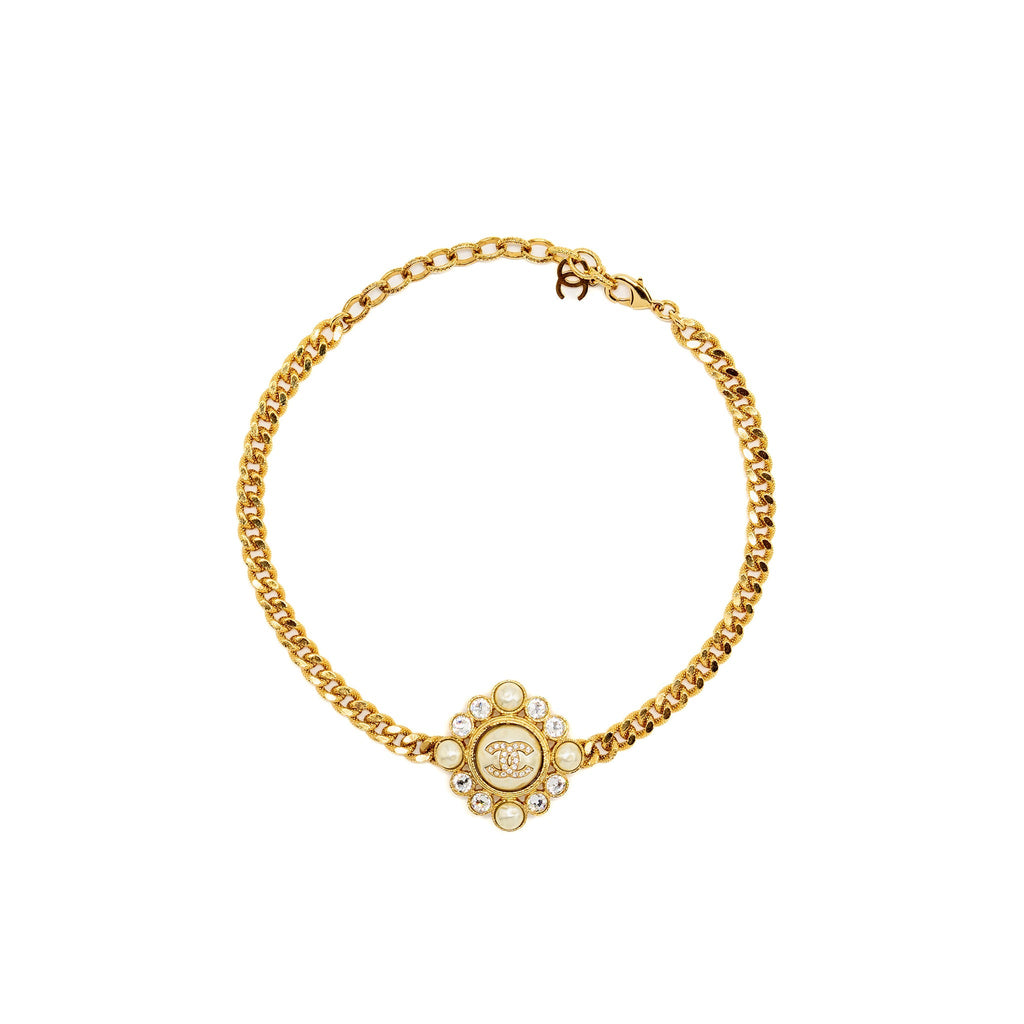 CHANEL CC LOGO CHOCKER/NECKLACE PEARL/CRYSTAL GOLD TONE