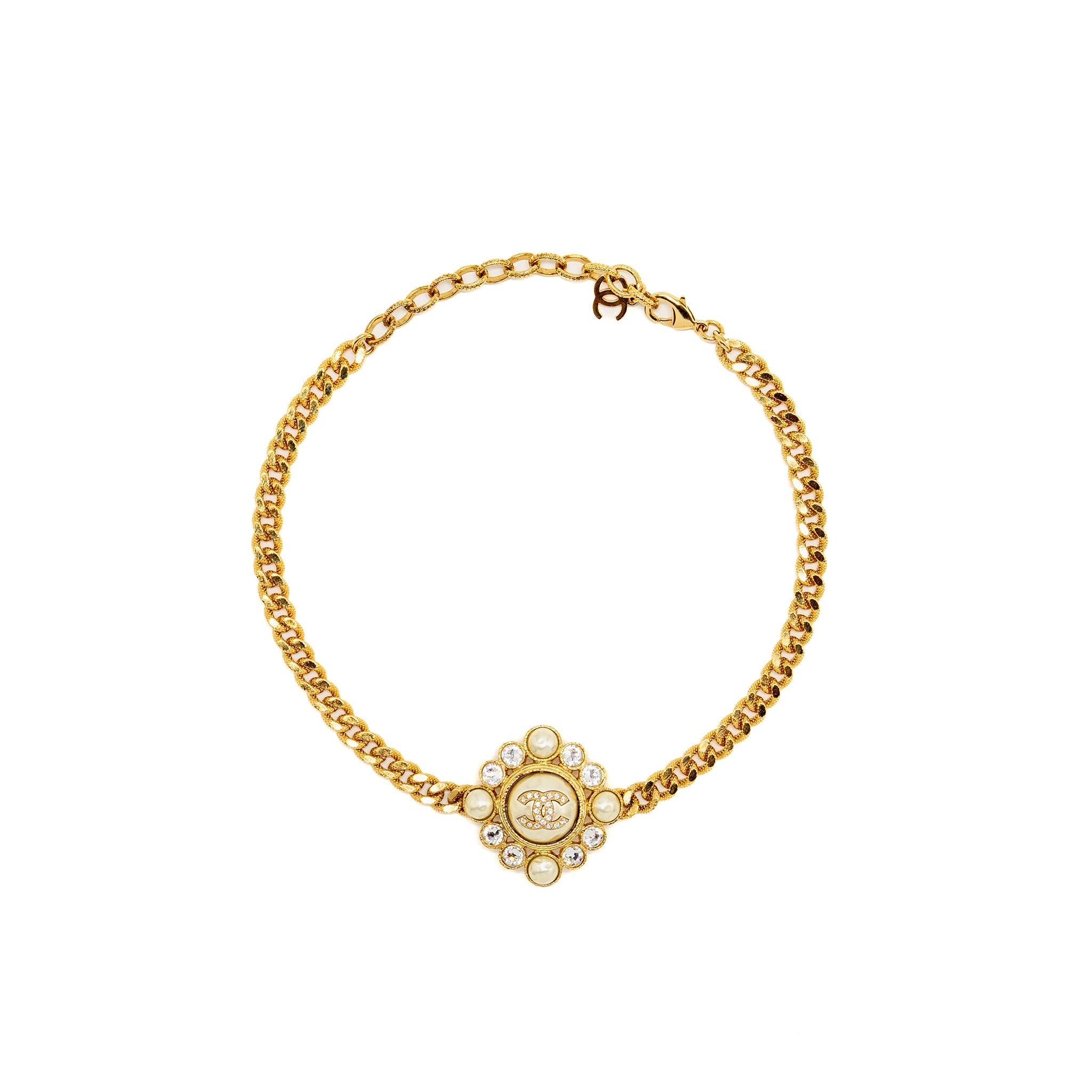 CHANEL CC LOGO CHOCKER/NECKLACE PEARL/CRYSTAL GOLD TONE