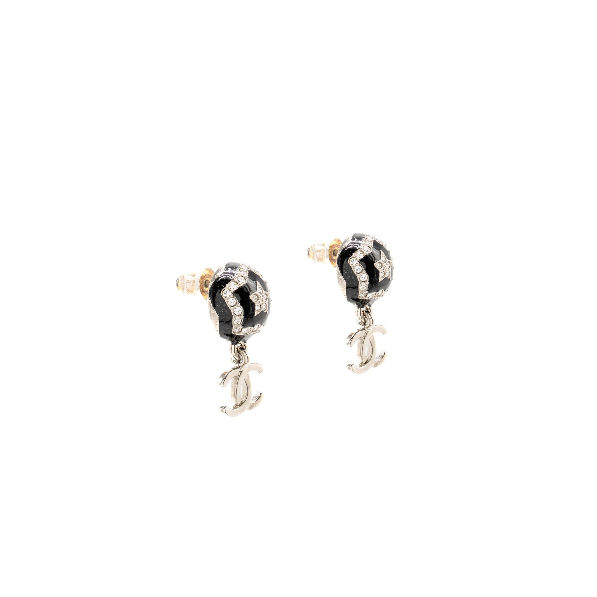 CHANEL ROUND STAR WITH CC DROP EARRINGS CRYSTALS BLACK/SILVER/GOLD TONE