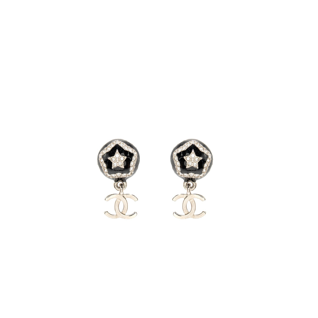 CHANEL ROUND STAR WITH CC DROP EARRINGS CRYSTALS BLACK/SILVER/GOLD TONE