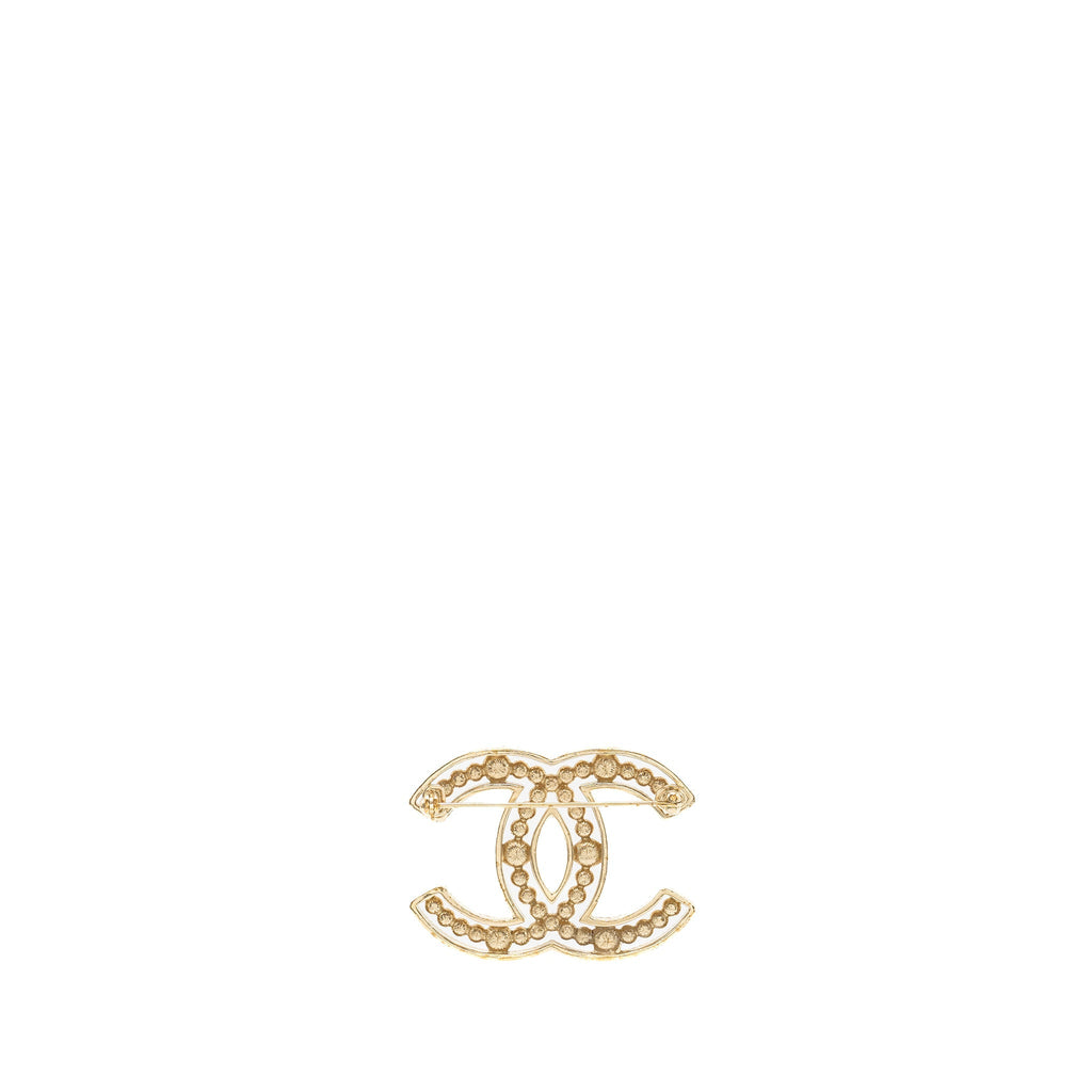 CHANEL PEARL & CRYSTAL CC LOGO BROOCH LIGHT GOLD TONE
