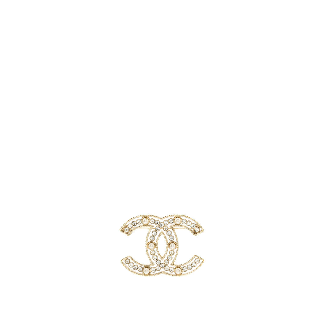 CHANEL PEARL & CRYSTAL CC LOGO BROOCH LIGHT GOLD TONE