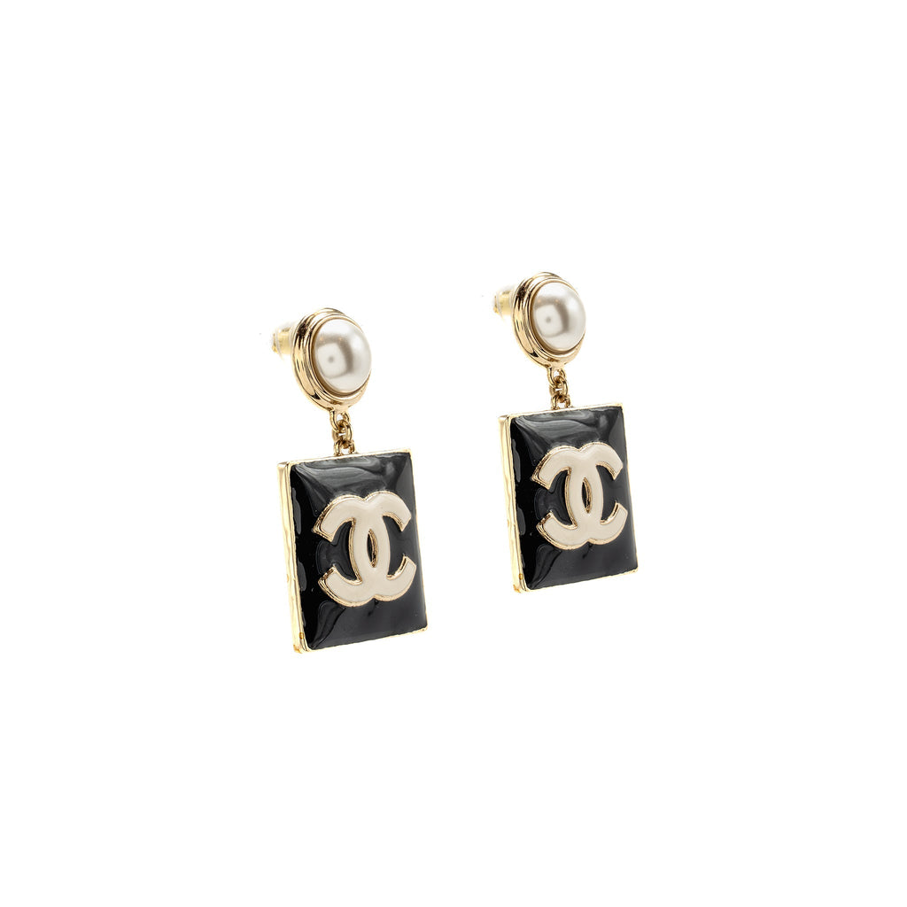 CHANEL ENAMEL GIANT SQUARE CC LOGO DROPPED EARRINGS LIGHT GOLD TONE