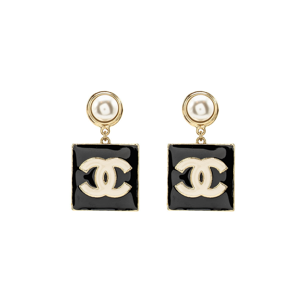 CHANEL ENAMEL GIANT SQUARE CC LOGO DROPPED EARRINGS LIGHT GOLD TONE