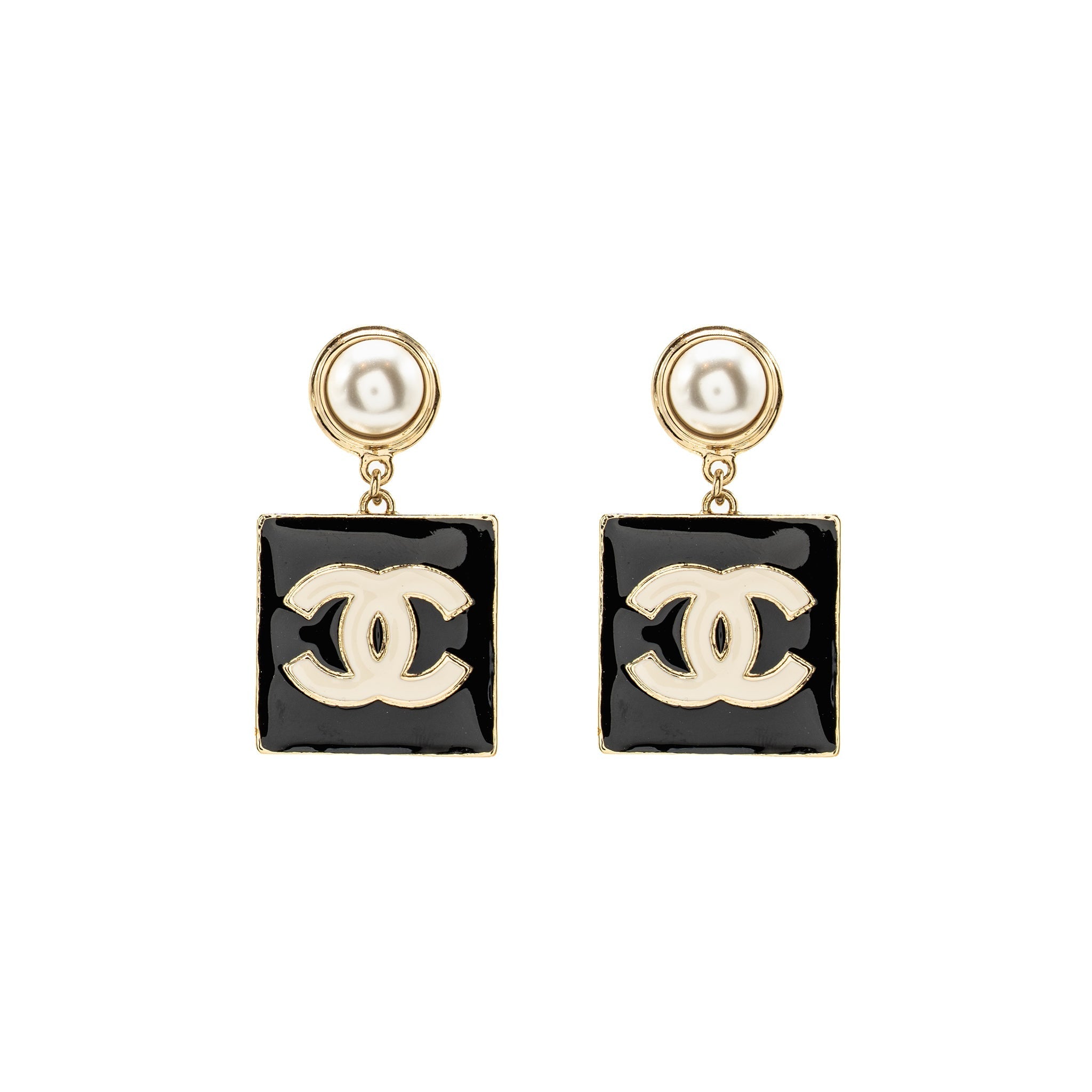 CHANEL ENAMEL GIANT SQUARE CC LOGO DROPPED EARRINGS LIGHT GOLD TONE