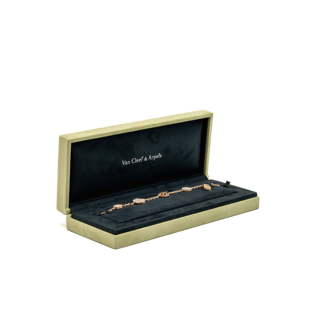 VAN CLEEF & ARPELS LUCKY SPRING BRACELET 5 MOTIFS ROSE GOLD/WHITE MOTHER OF PEARL/CARNELIAN/ONYX