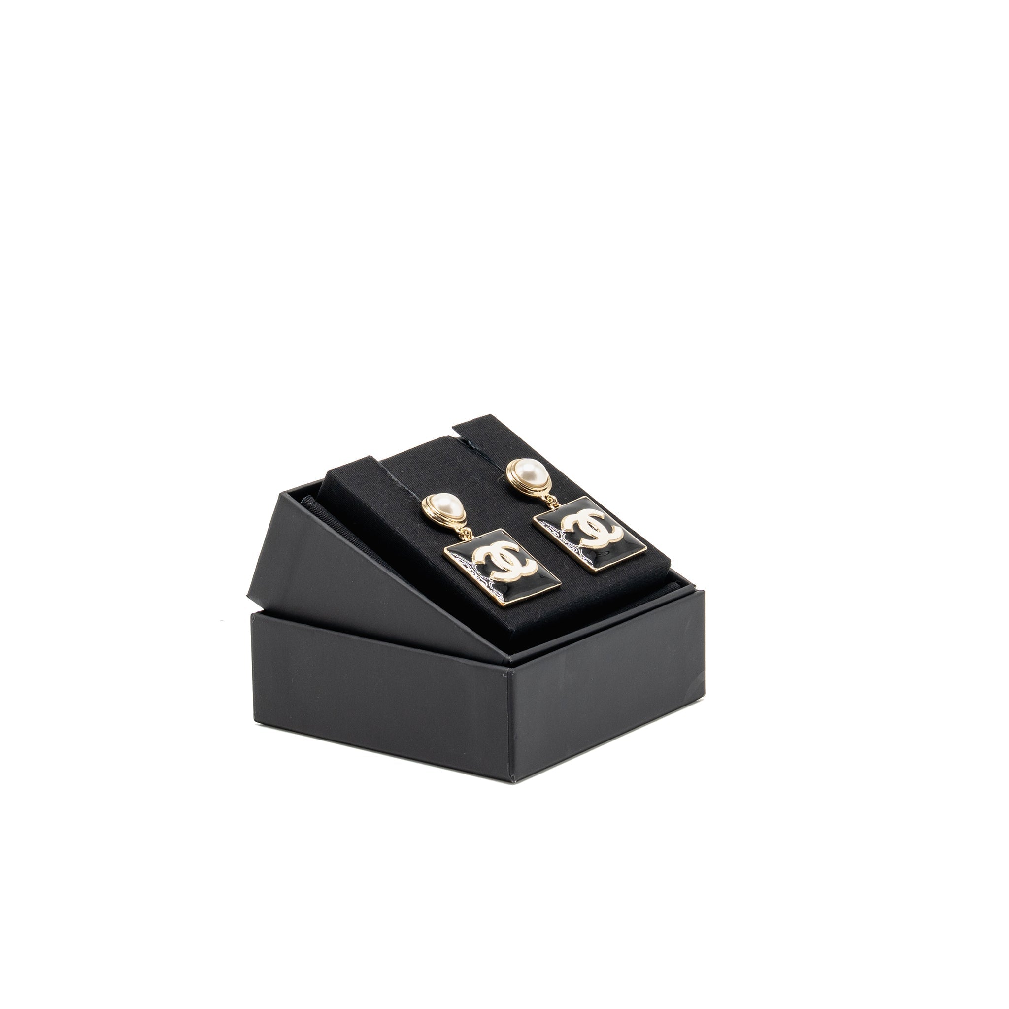 CHANEL ENAMEL GIANT SQUARE CC LOGO DROPPED EARRINGS LIGHT GOLD TONE