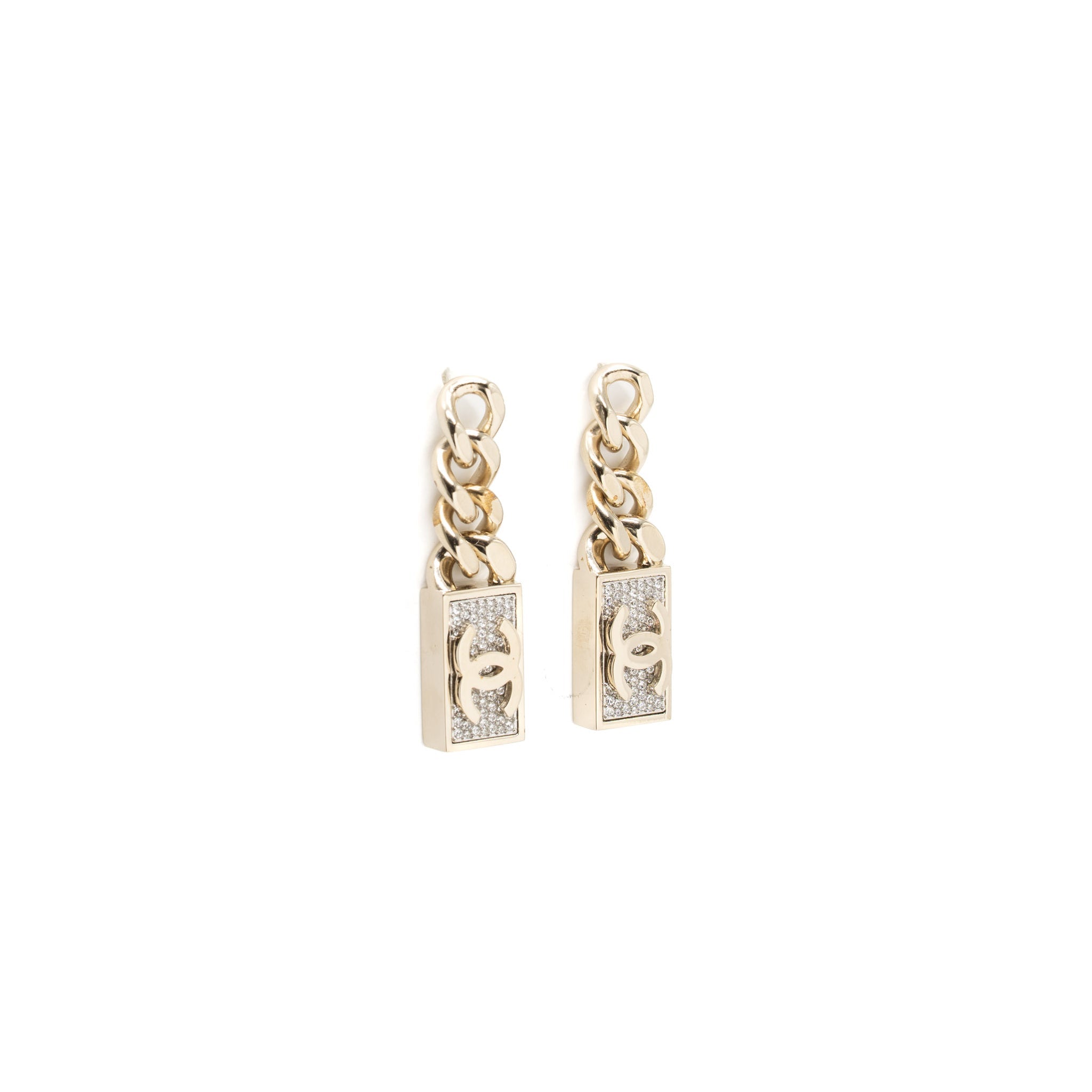 CHANEL CC LOGO DROP EARRINGS CRYSTAL GOLD TONE