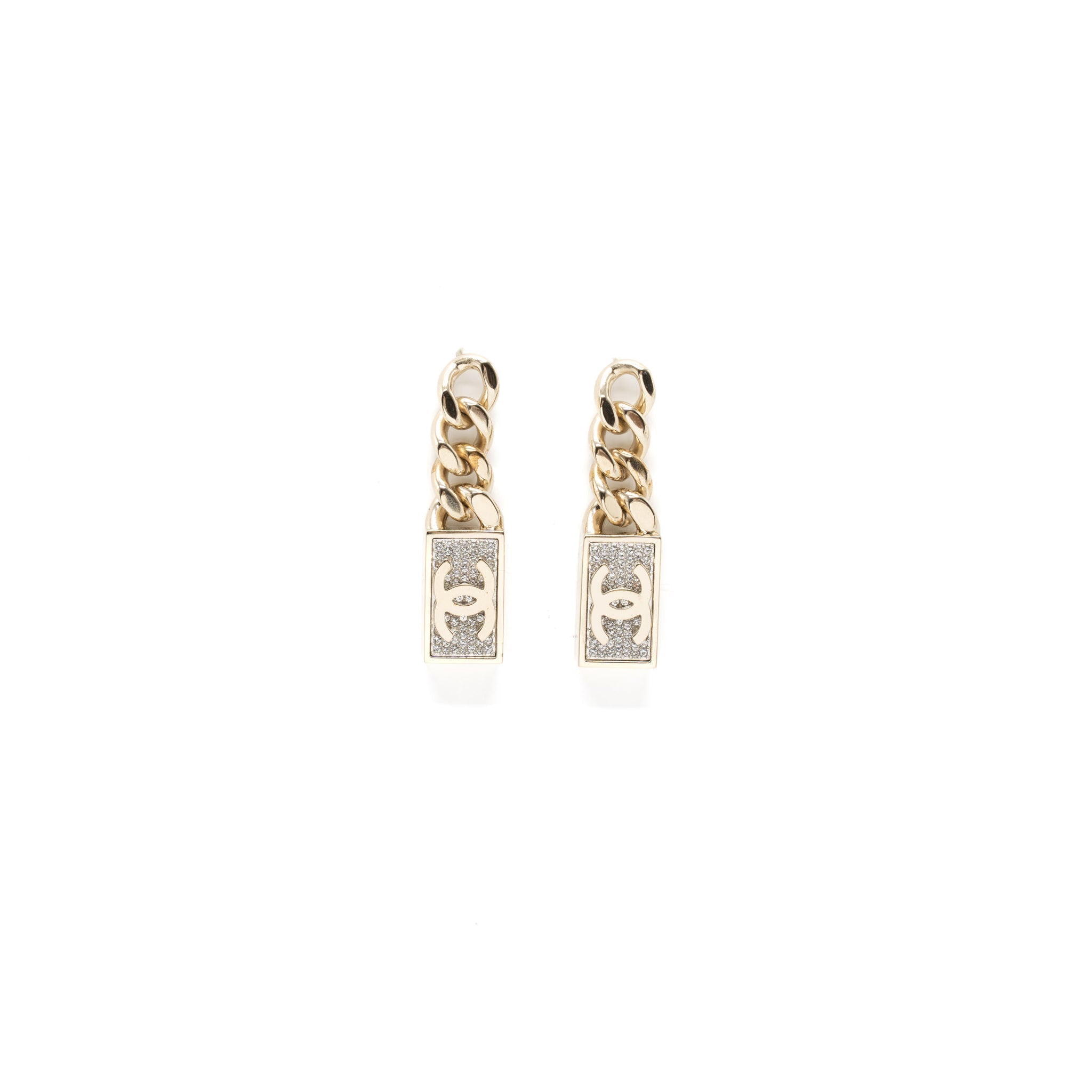 CHANEL CC LOGO DROP EARRINGS CRYSTAL GOLD TONE