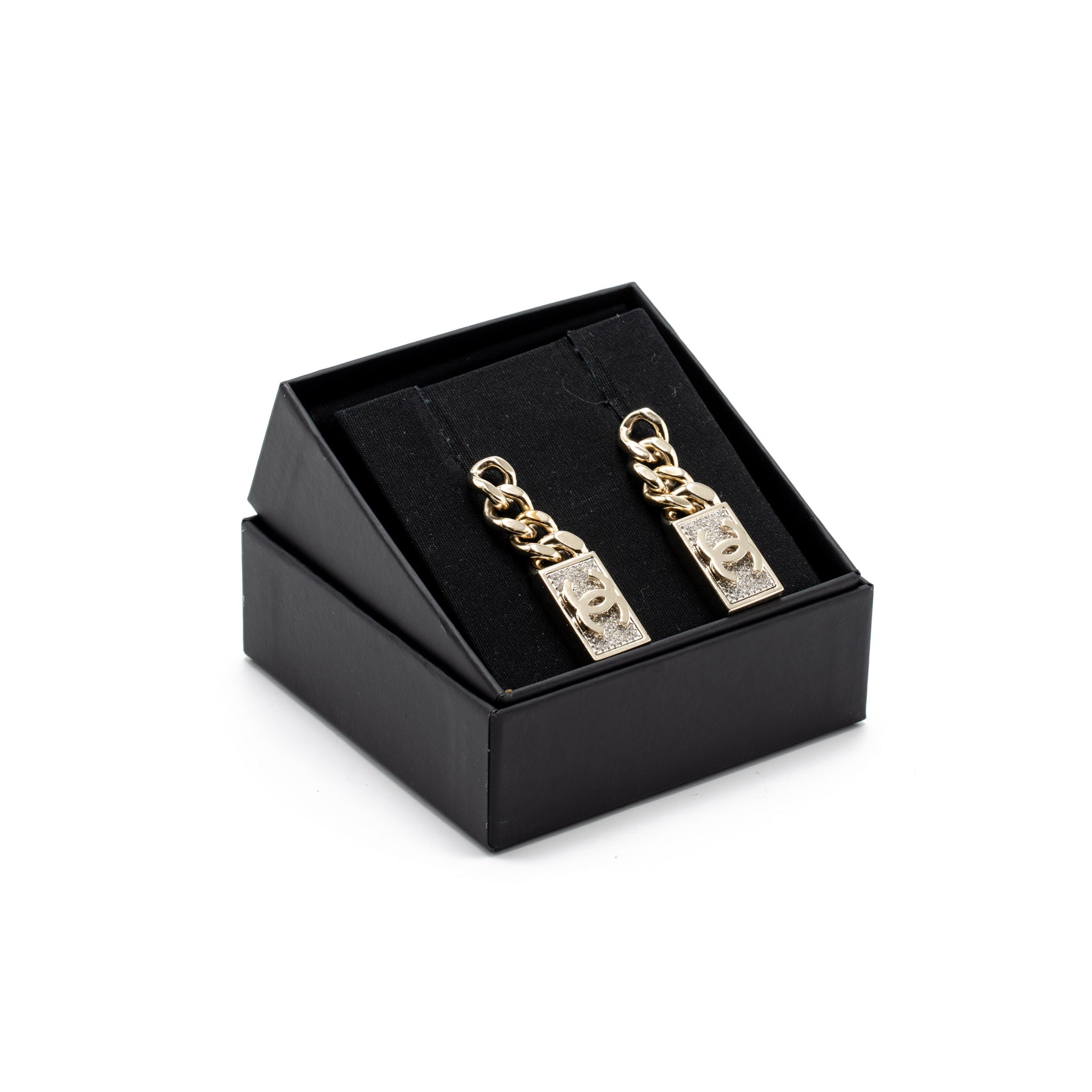 CHANEL CC LOGO DROP EARRINGS CRYSTAL GOLD TONE