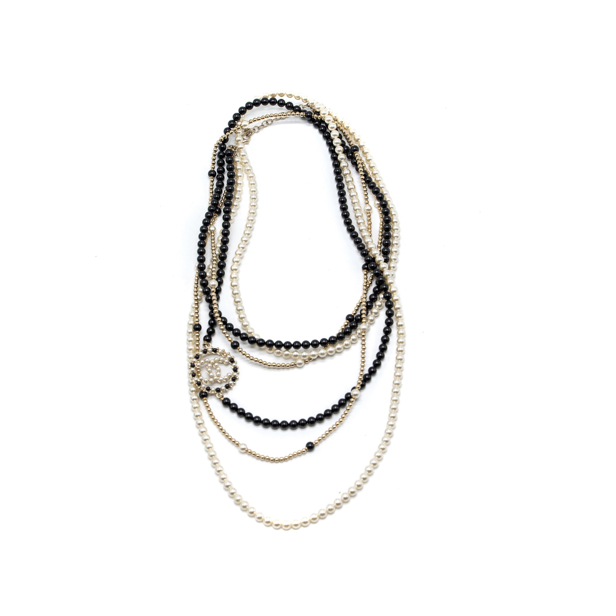 CHANEL ROUND CC LOGO LONG NECKLACE WITH PEARL/GLASS PEARL LIGHT GOLD TONE