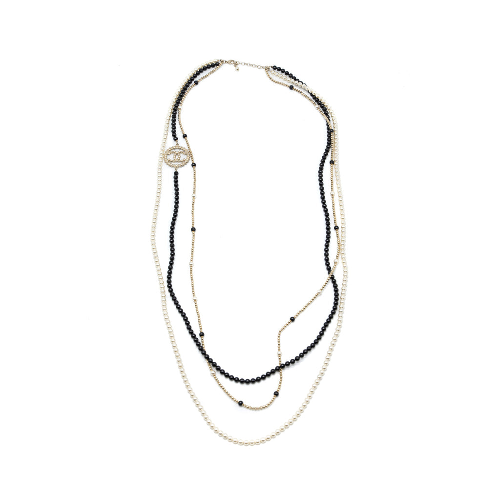 CHANEL ROUND CC LOGO LONG NECKLACE WITH PEARL/GLASS PEARL LIGHT GOLD TONE