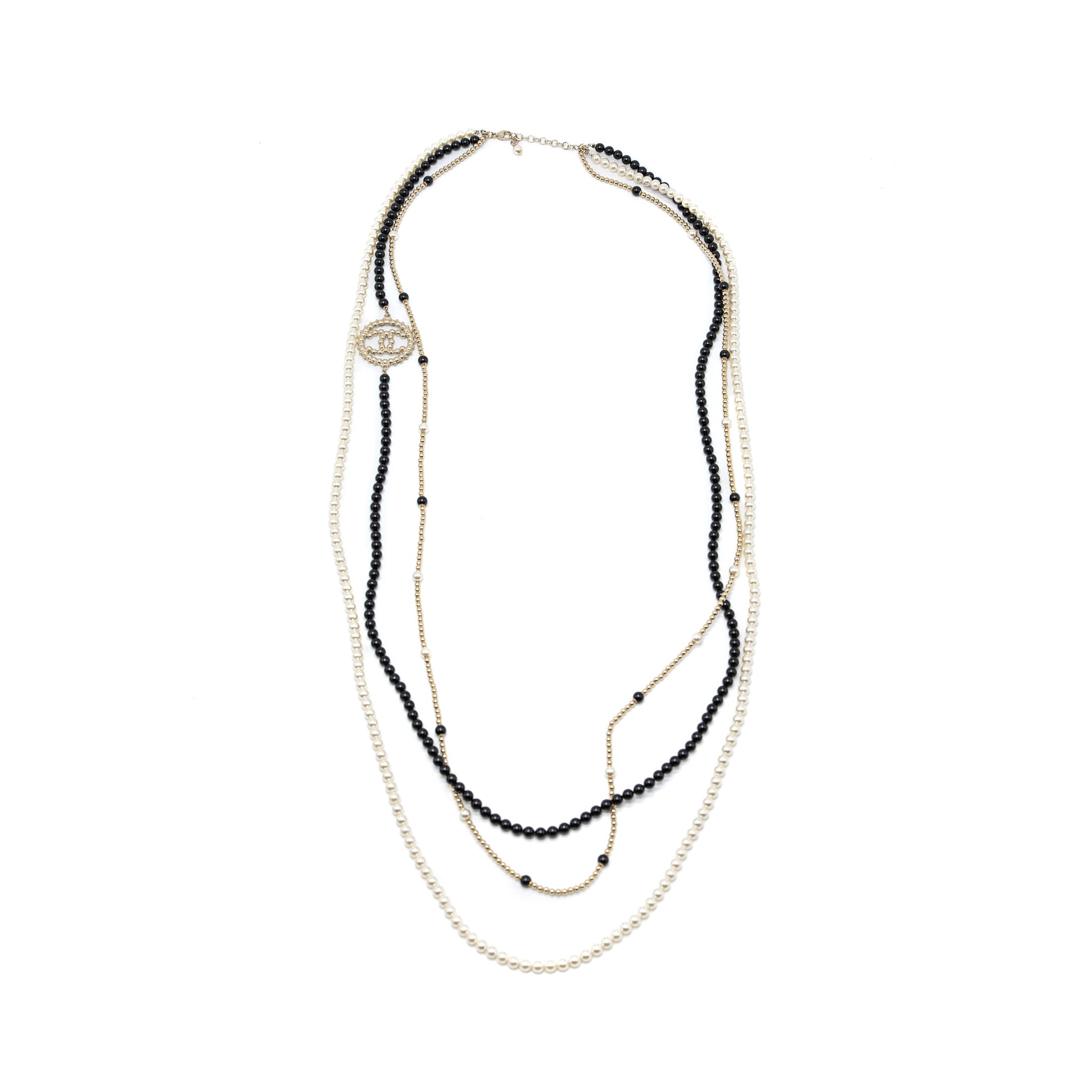 CHANEL ROUND CC LOGO LONG NECKLACE WITH PEARL/GLASS PEARL LIGHT GOLD TONE