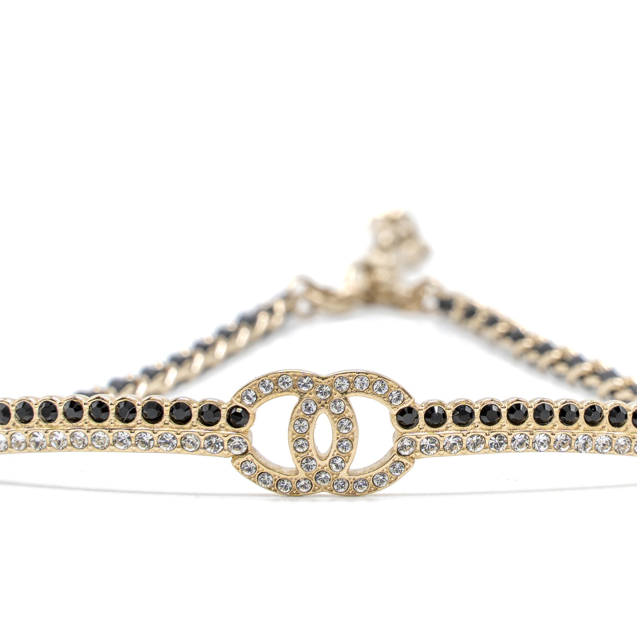 CHANEL CC LOGO CHOCKER LEATHER CHAIN CRYSTAL LIGHT GOLD TONE