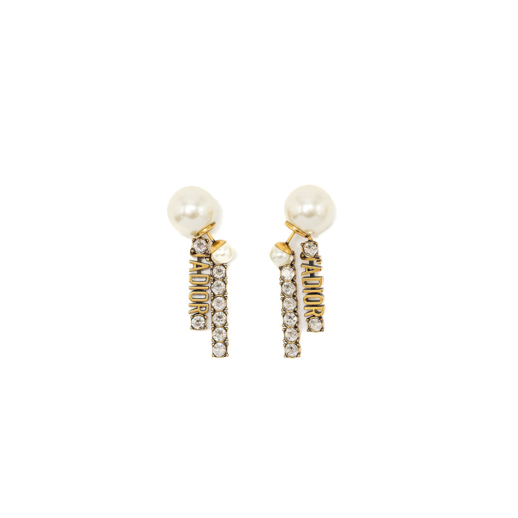 DIOR PEARL AND LETTER DROP EARRINGS GOLD TONE