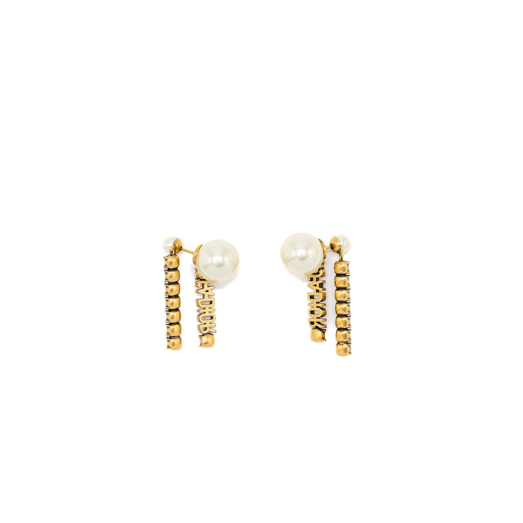 DIOR PEARL AND LETTER DROP EARRINGS GOLD TONE