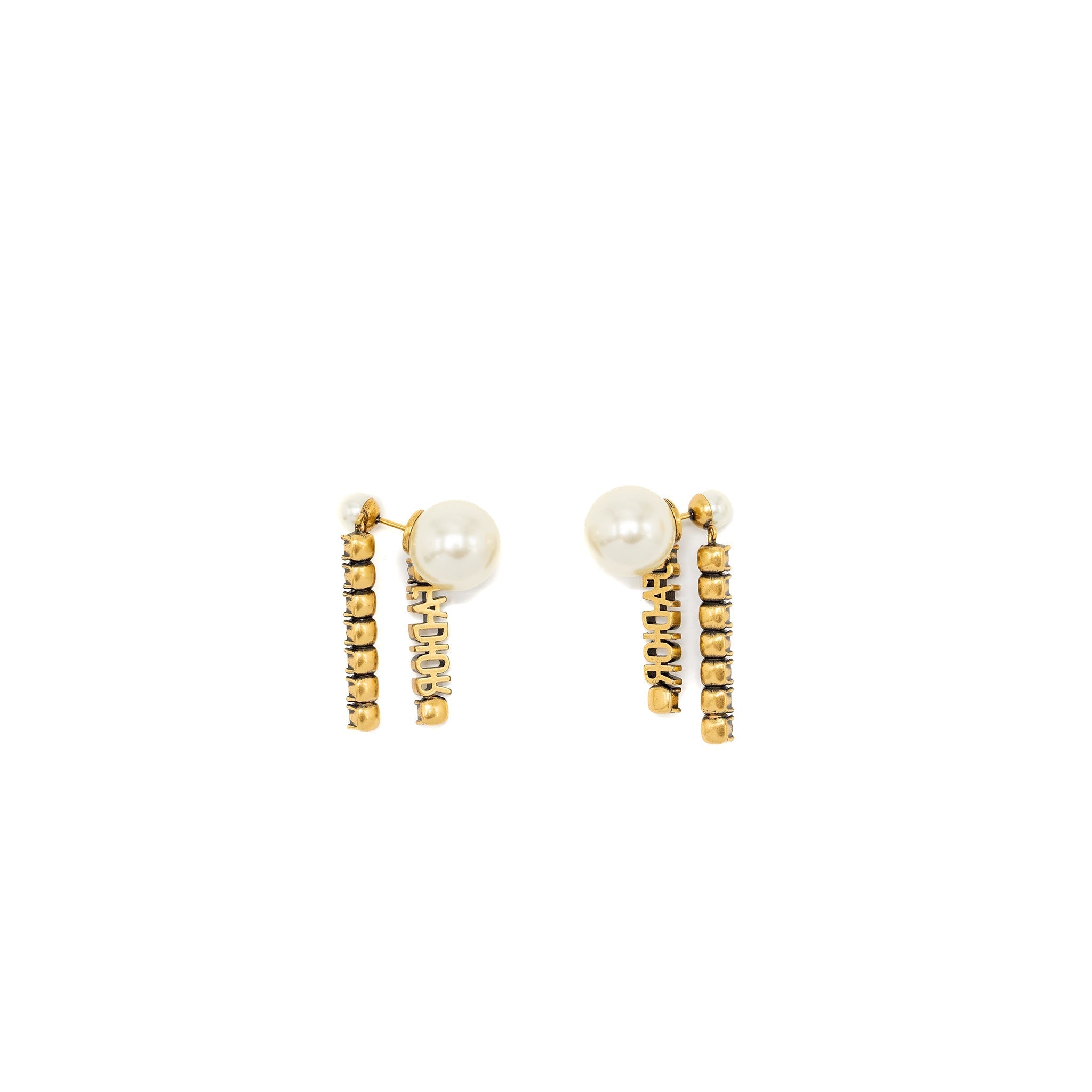 DIOR PEARL AND LETTER DROP EARRINGS GOLD TONE