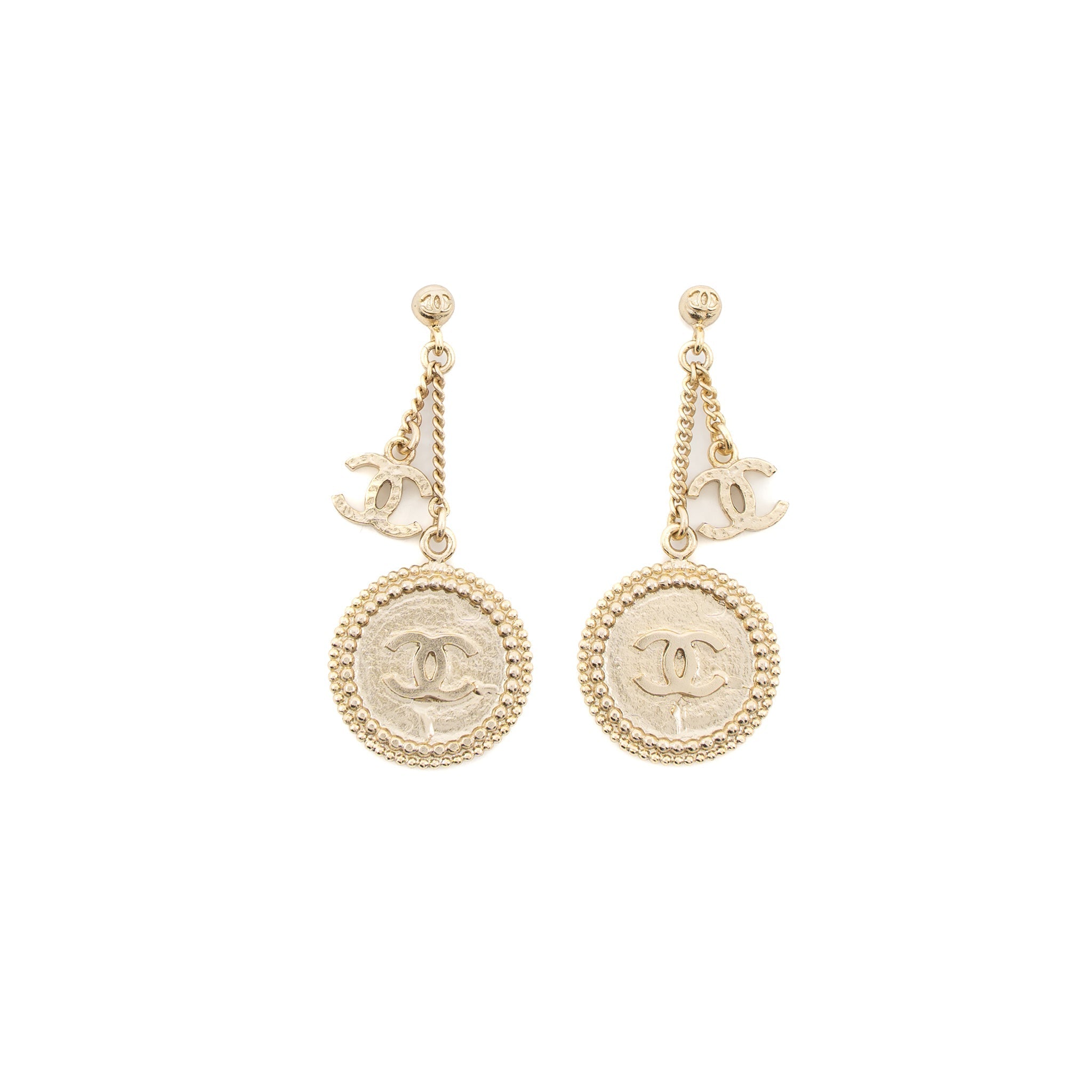 CHANEL ROUND CC LOGO DROP EARRINGS GOLD TONE