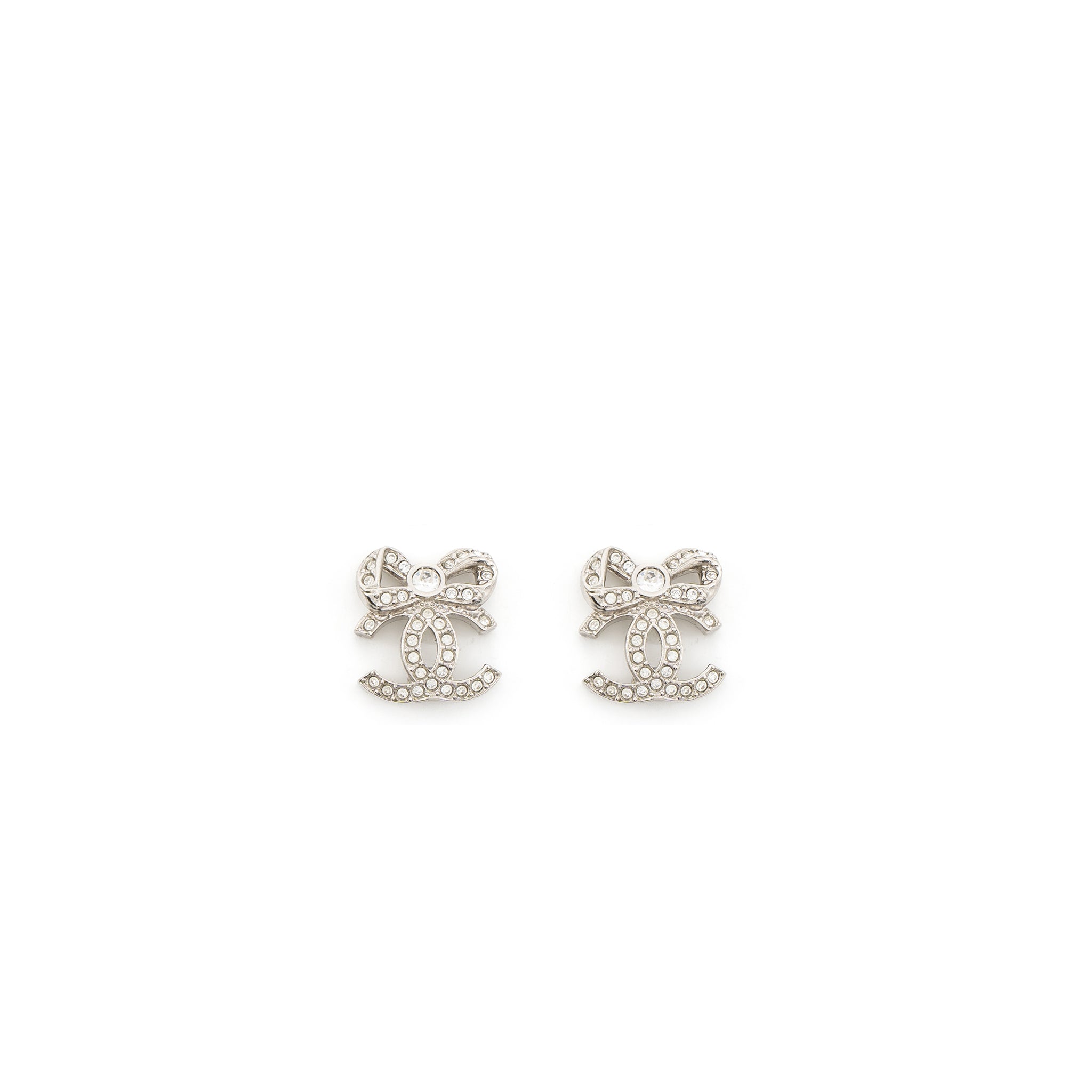 CHANEL CC LOGO BOW EARRINGS CRYSTAL SILVER TONE