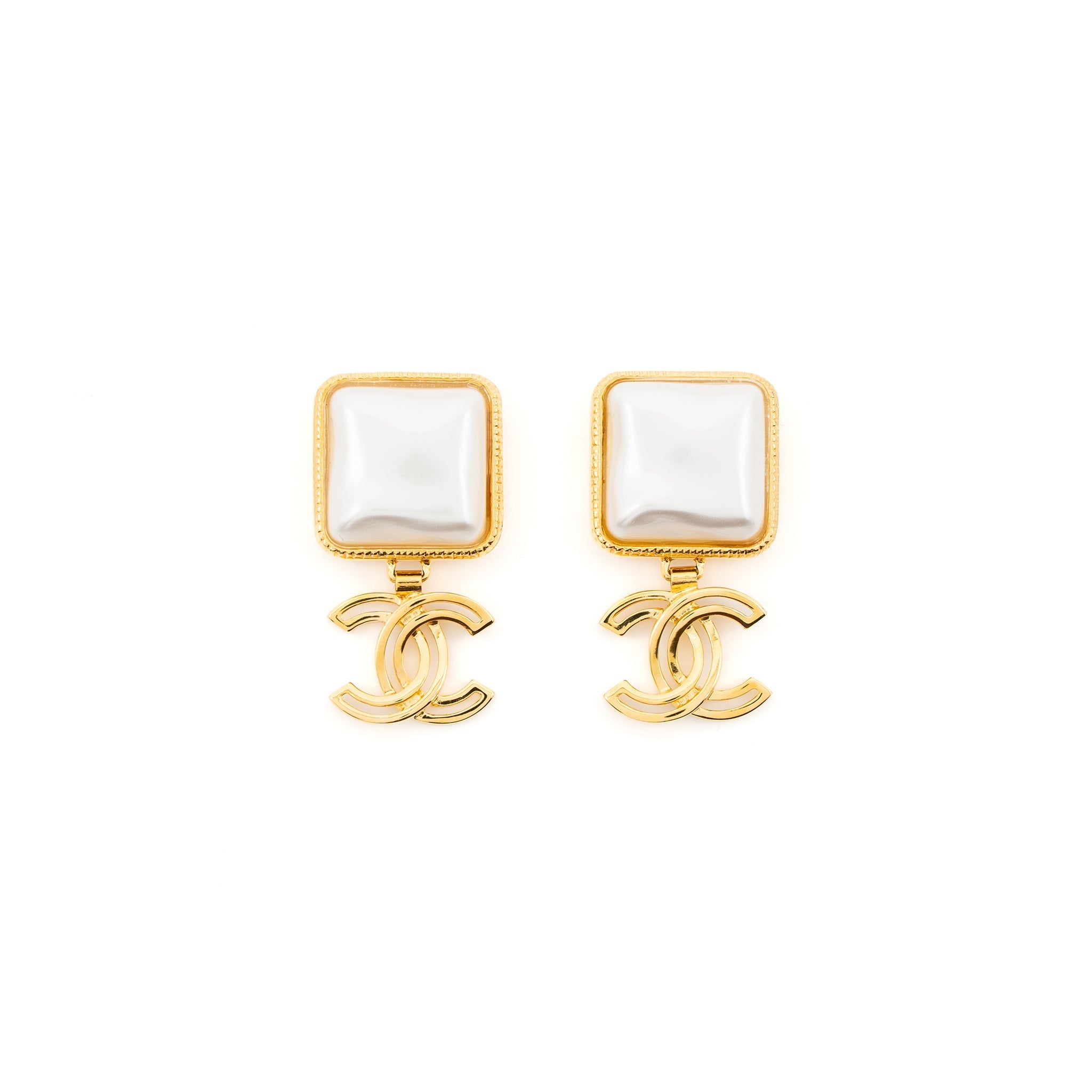 CHANEL SQUARE CC LOGO DROP EARRINGS GOLD TONE