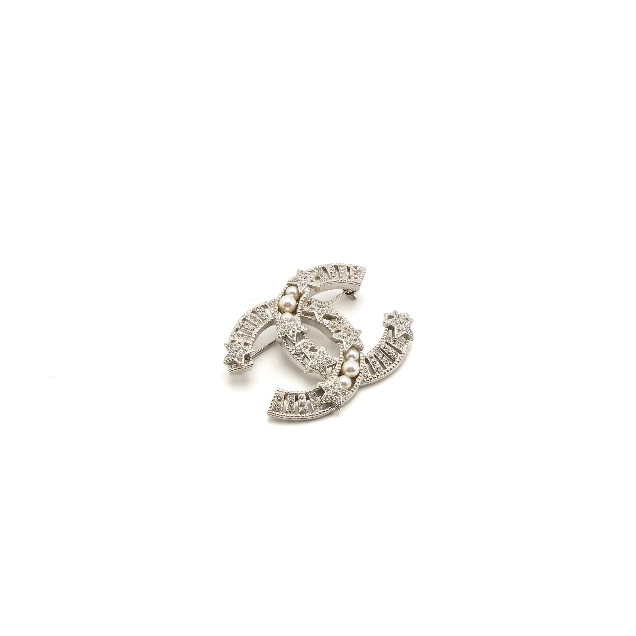 CHANEL CC COMET LOGO BROOCH CRYSTAL/PEARL SILVER TONE