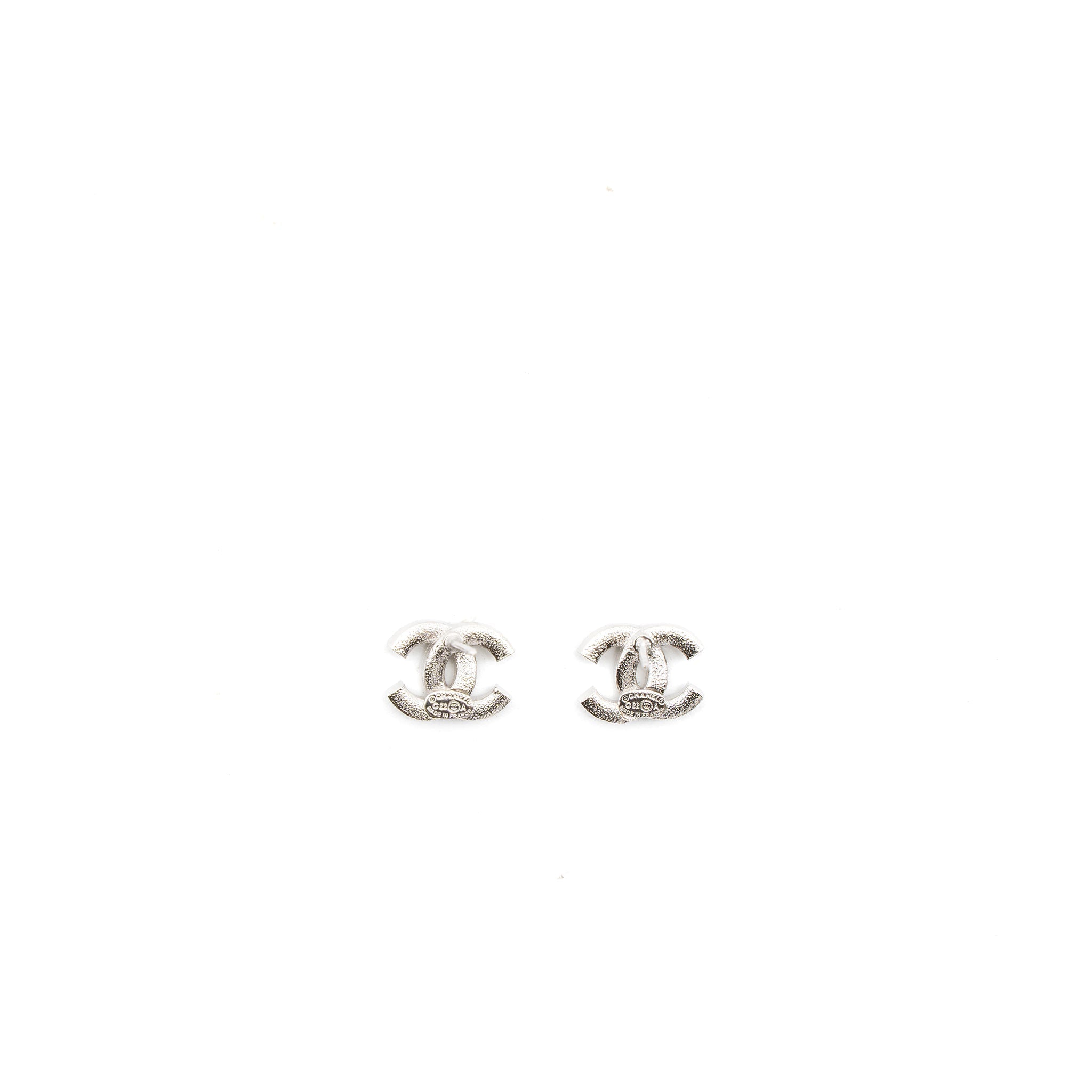CHANEL CC LOGO EARRINGS CRYSTAL SILVER TONE