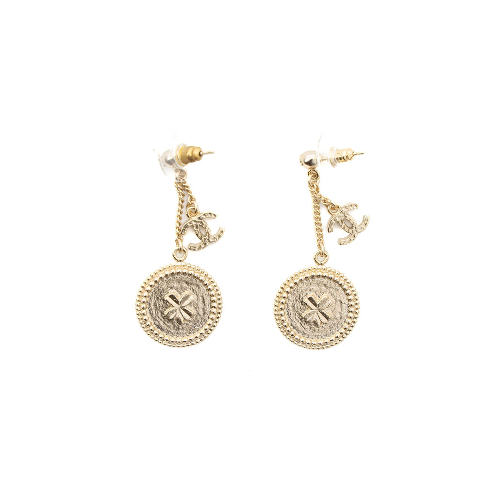 CHANEL ROUND CC LOGO DROP EARRINGS GOLD TONE