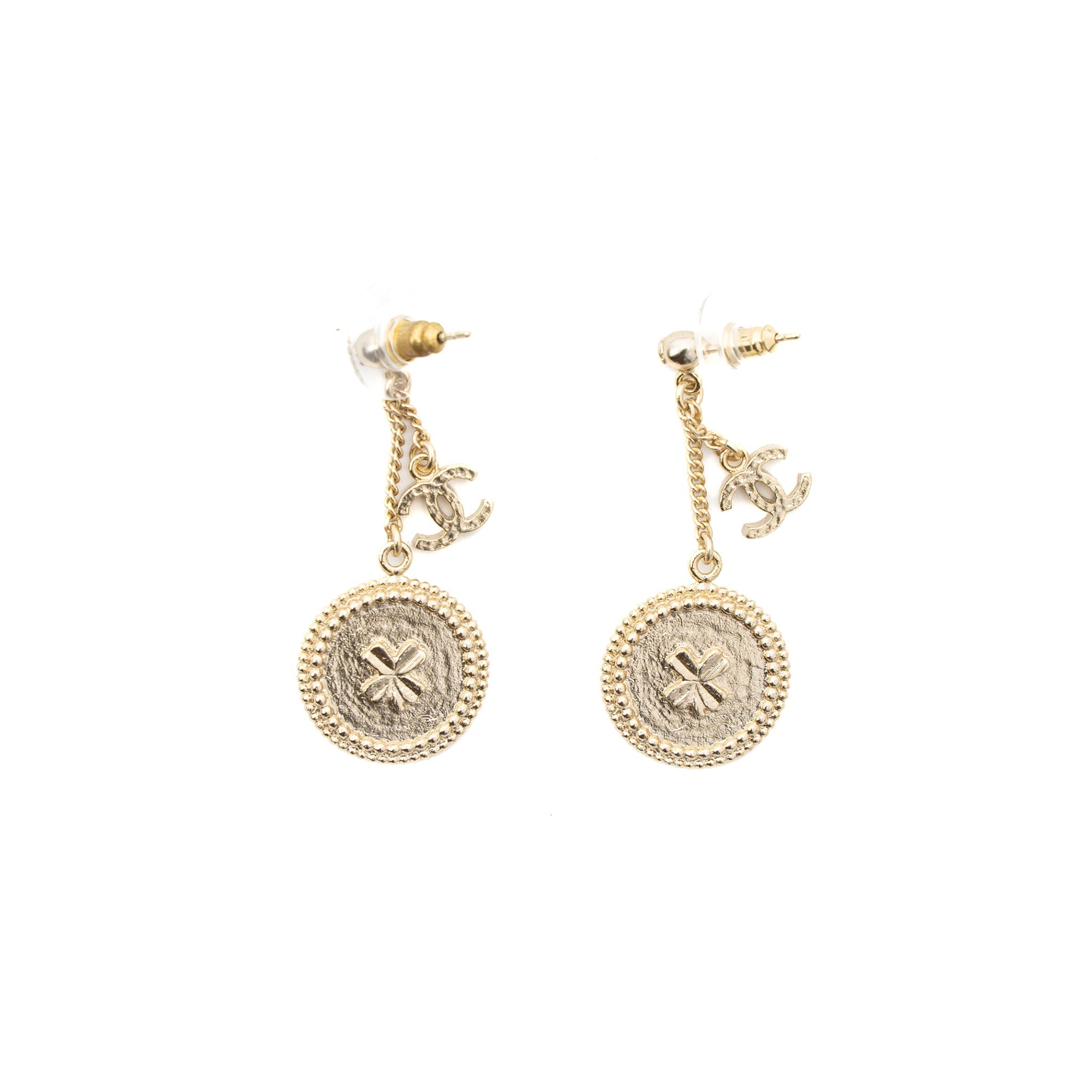 CHANEL ROUND CC LOGO DROP EARRINGS GOLD TONE
