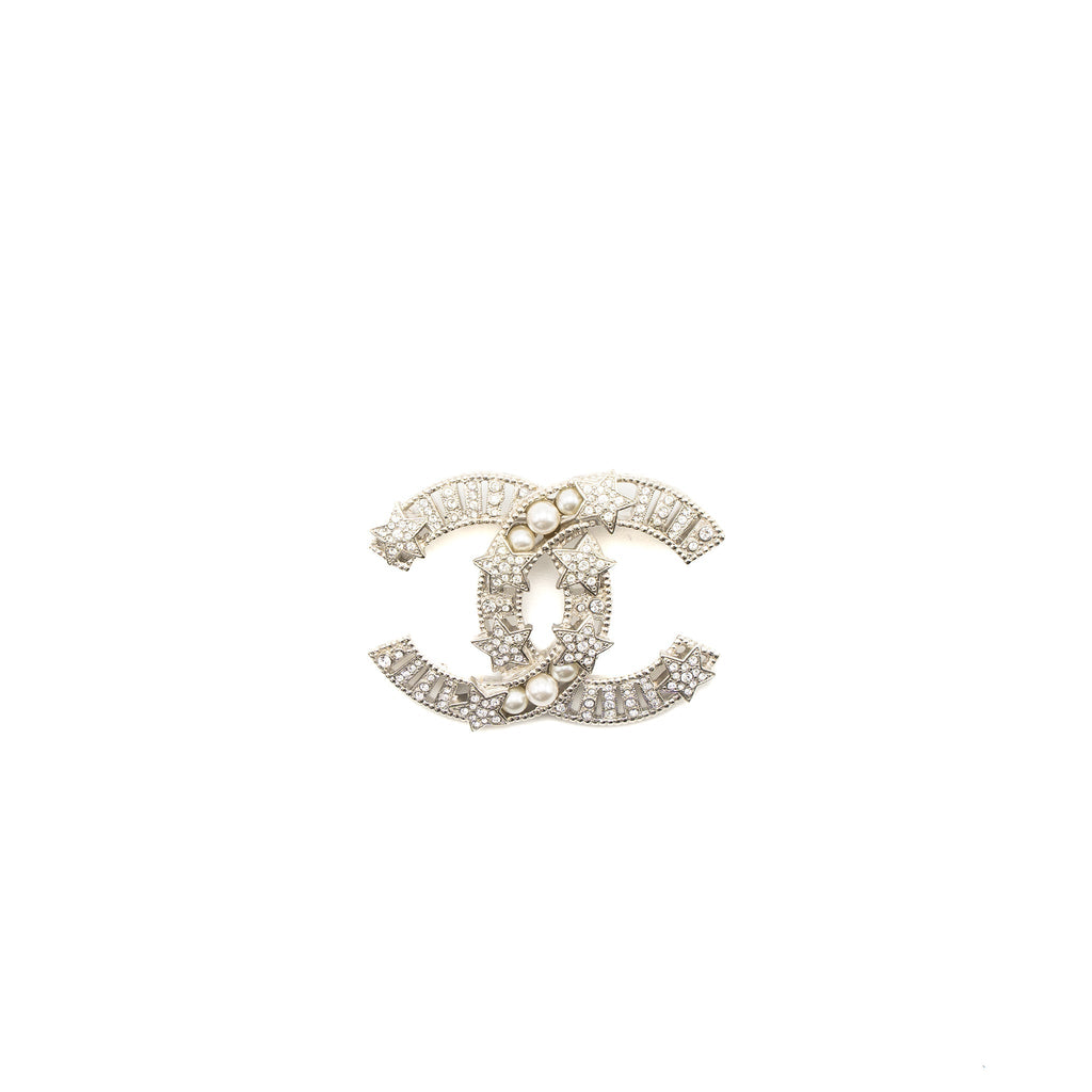 CHANEL CC COMET LOGO BROOCH CRYSTAL/PEARL SILVER TONE