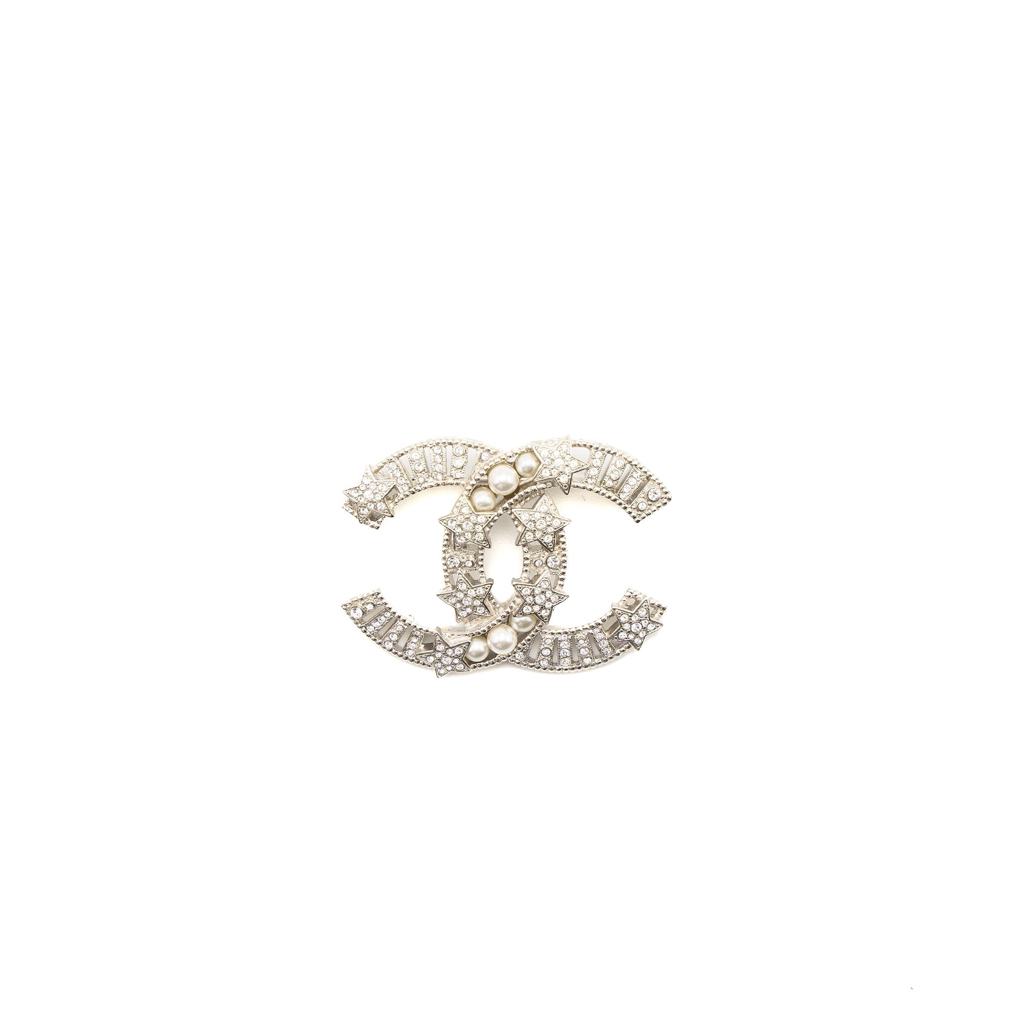 CHANEL CC COMET LOGO BROOCH CRYSTAL/PEARL SILVER TONE