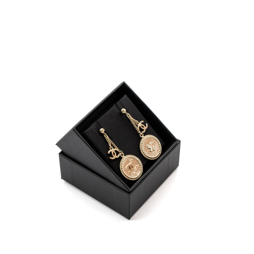 CHANEL ROUND CC LOGO DROP EARRINGS GOLD TONE