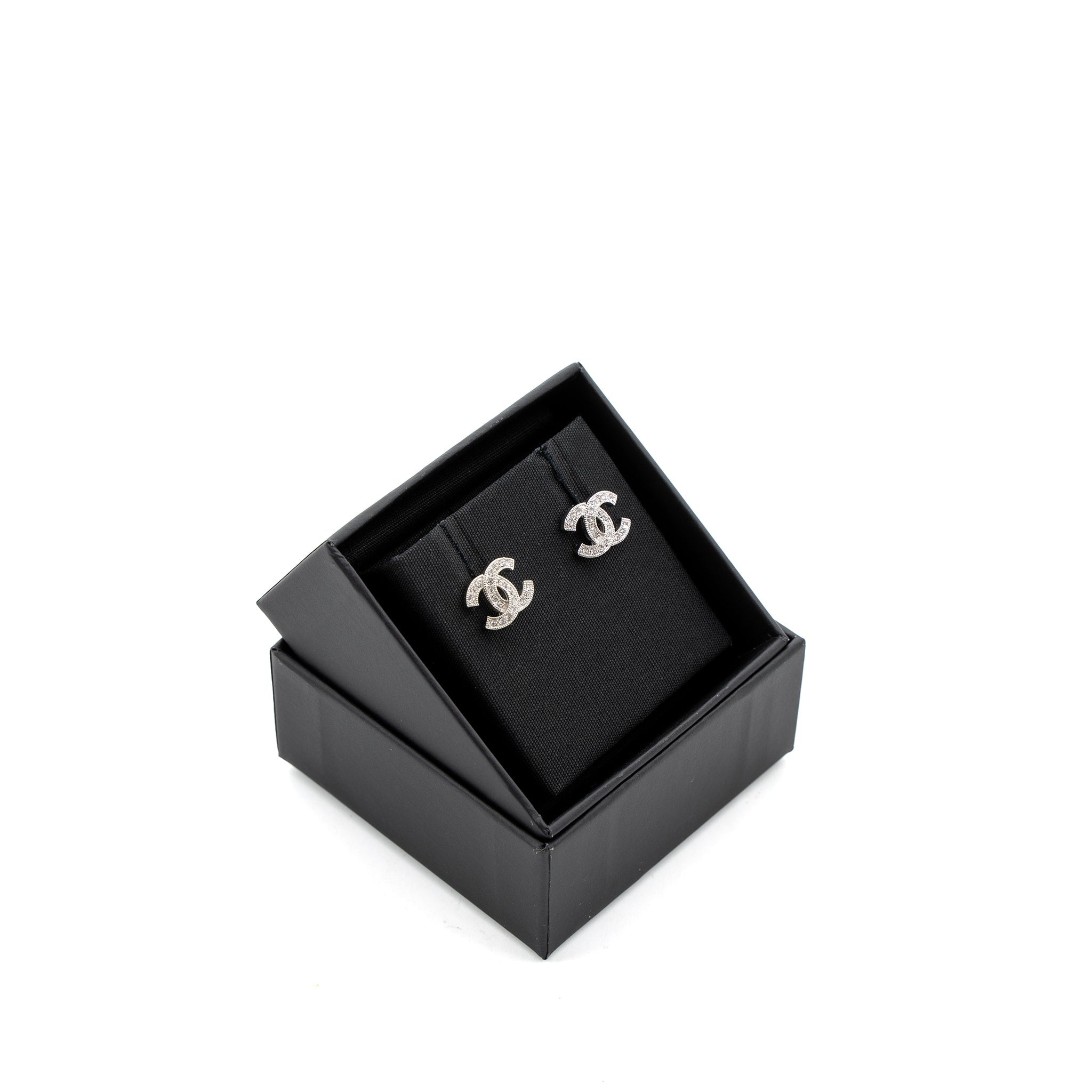 CHANEL CC LOGO EARRINGS CRYSTAL SILVER TONE