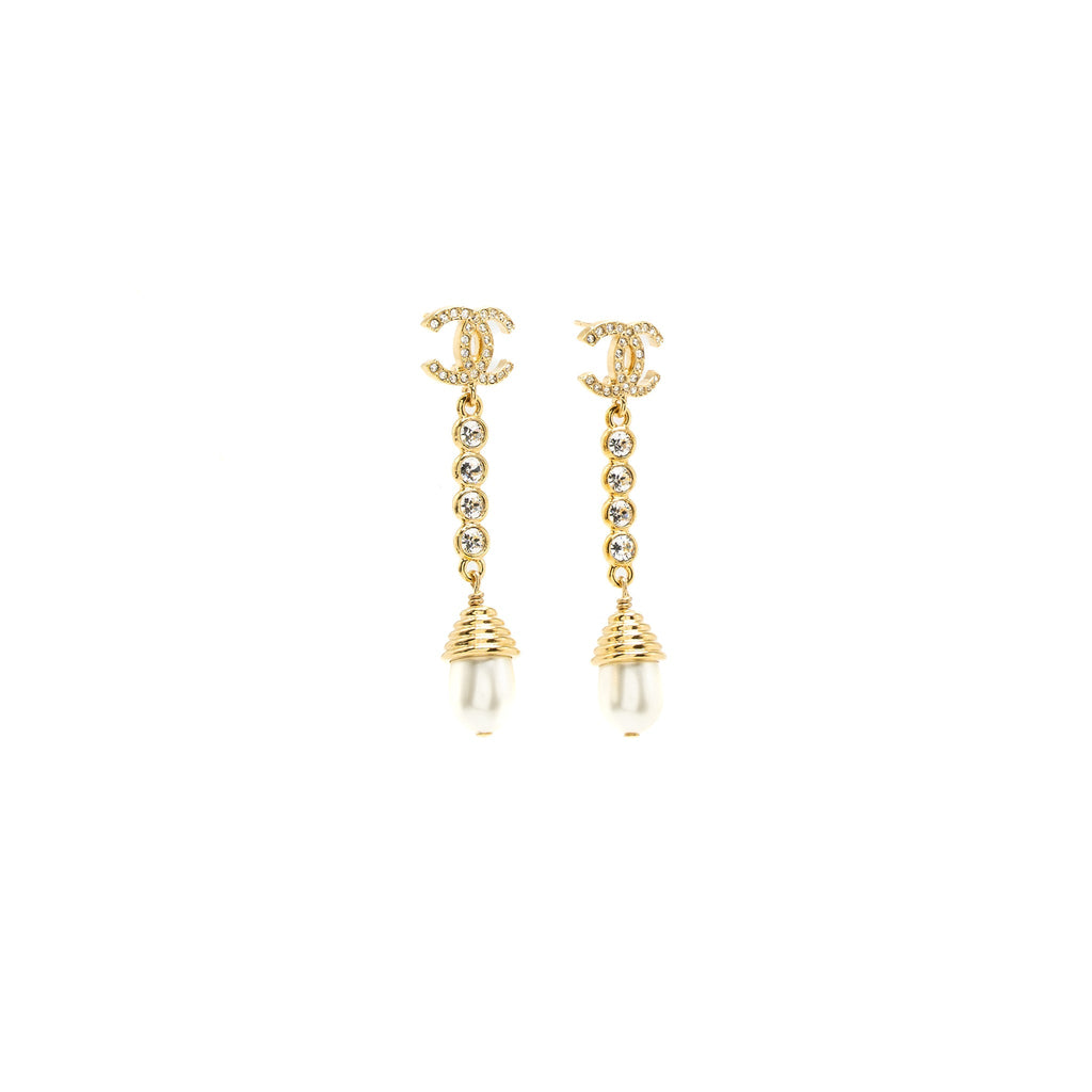 CHANNEL CC LOGO PEARL DROP EARRINGS CRYSTAL GOLD TONE