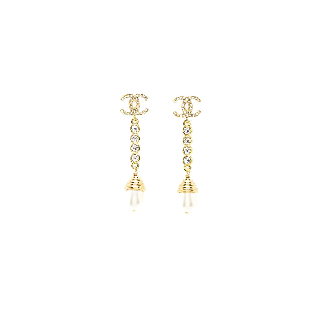 CHANNEL CC LOGO PEARL DROP EARRINGS CRYSTAL GOLD TONE