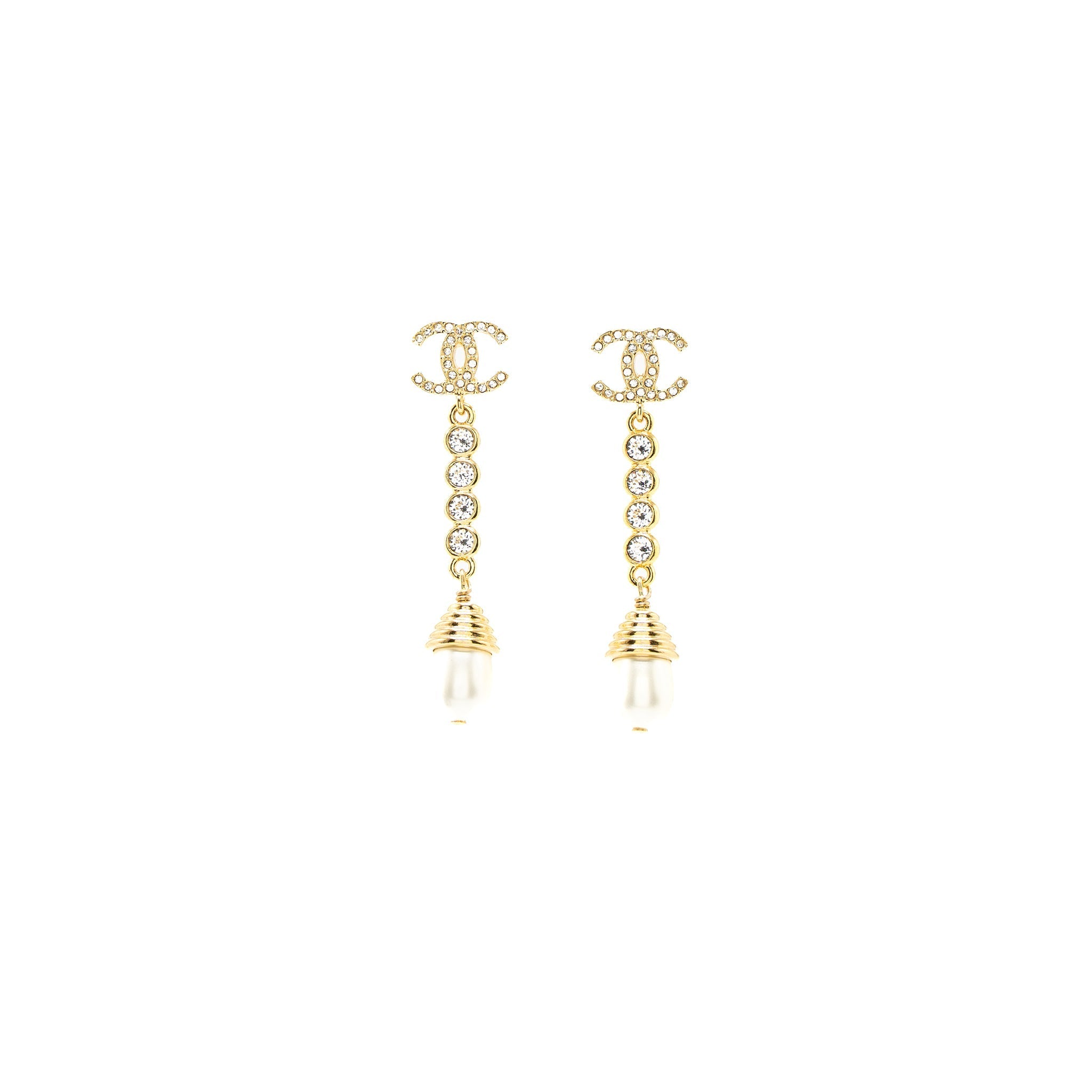 CHANNEL CC LOGO PEARL DROP EARRINGS CRYSTAL GOLD TONE