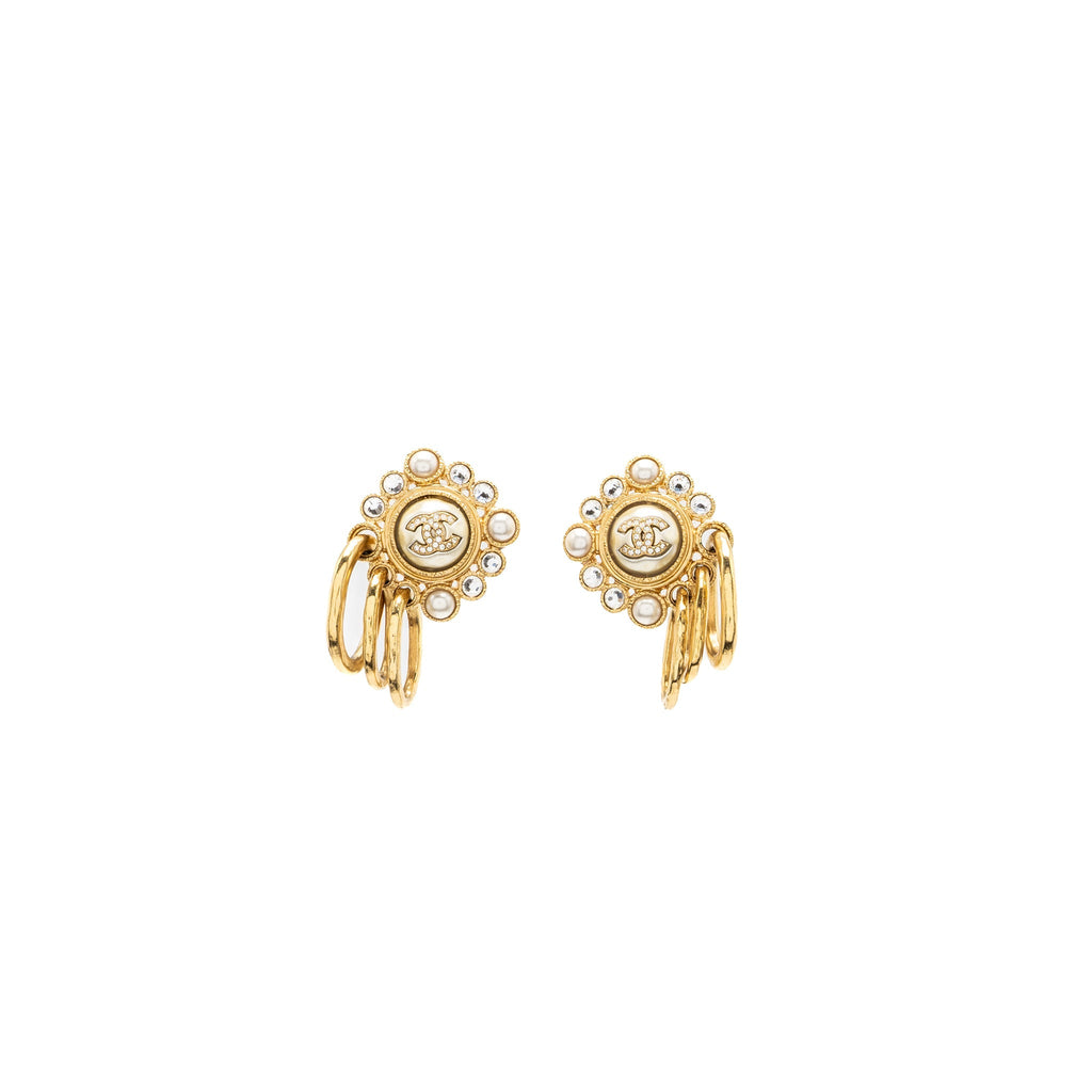 CHANEL QUILT EARRINGS WITH CC LOGO AND PEARL GOLD TONE