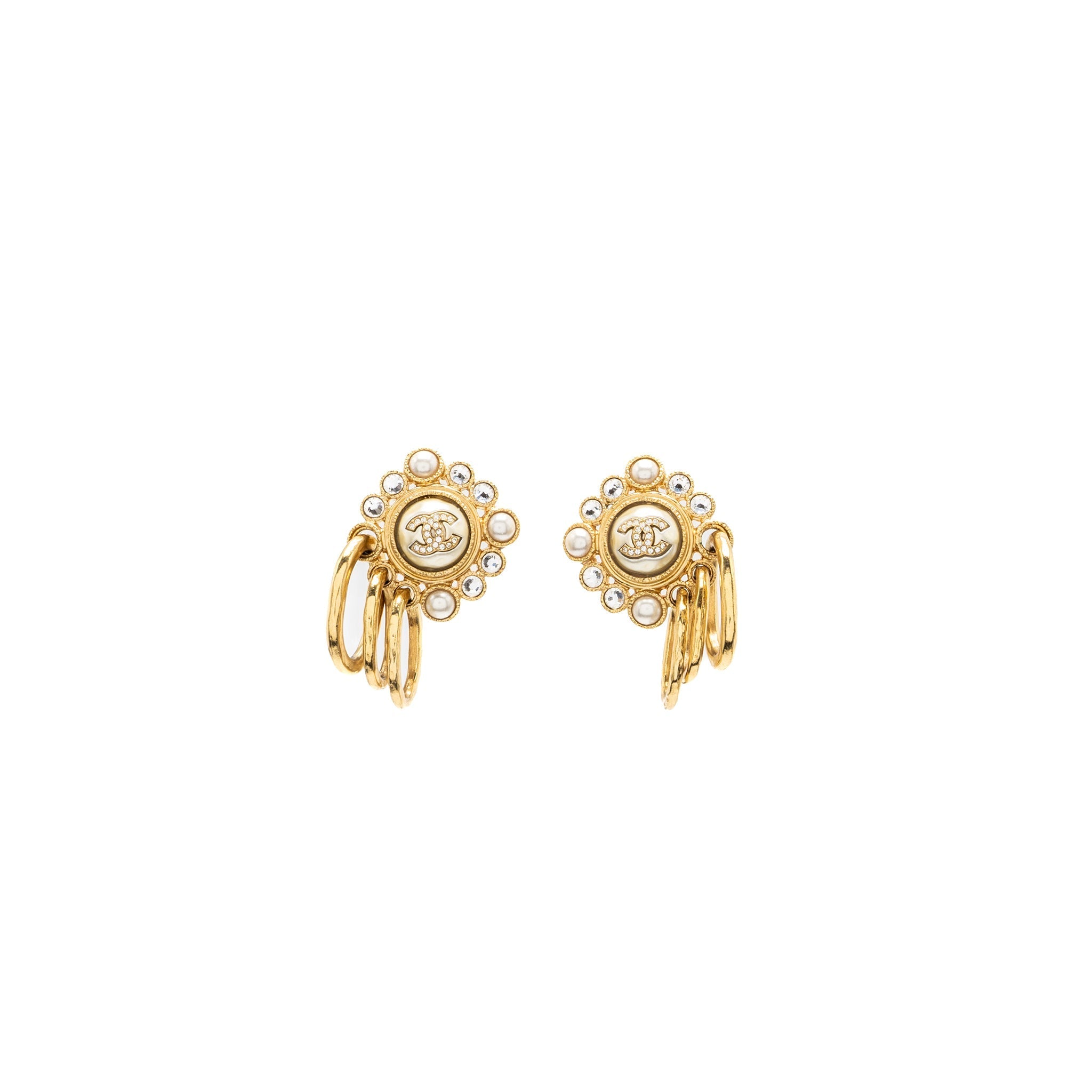 CHANEL QUILT EARRINGS WITH CC LOGO AND PEARL GOLD TONE