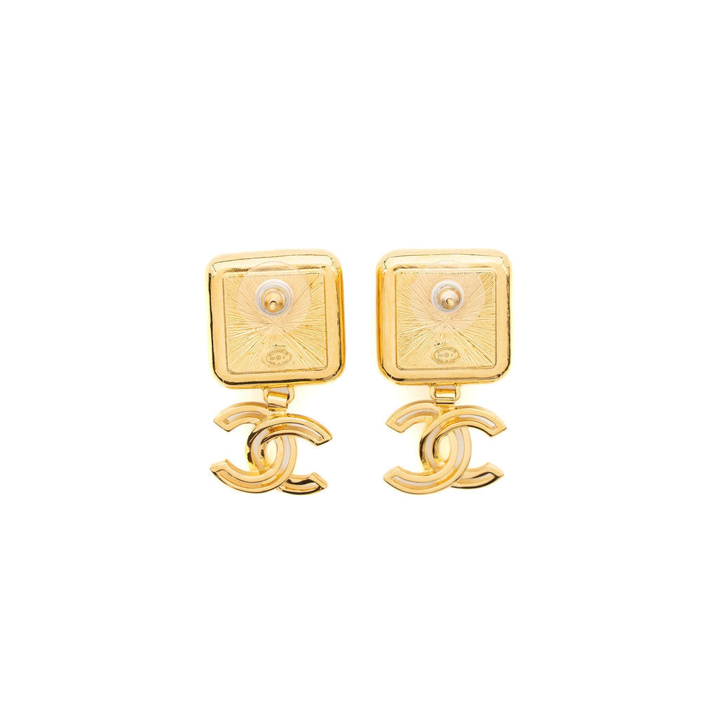 CHANEL SQUARE CC LOGO DROP EARRINGS GOLD TONE