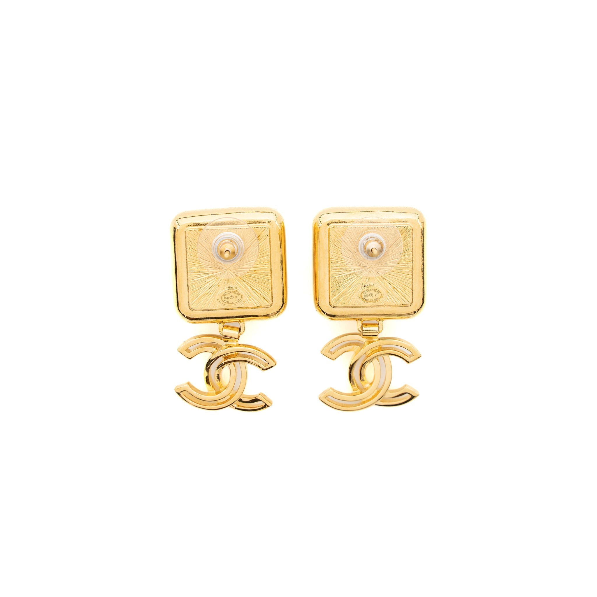 CHANEL SQUARE CC LOGO DROP EARRINGS GOLD TONE