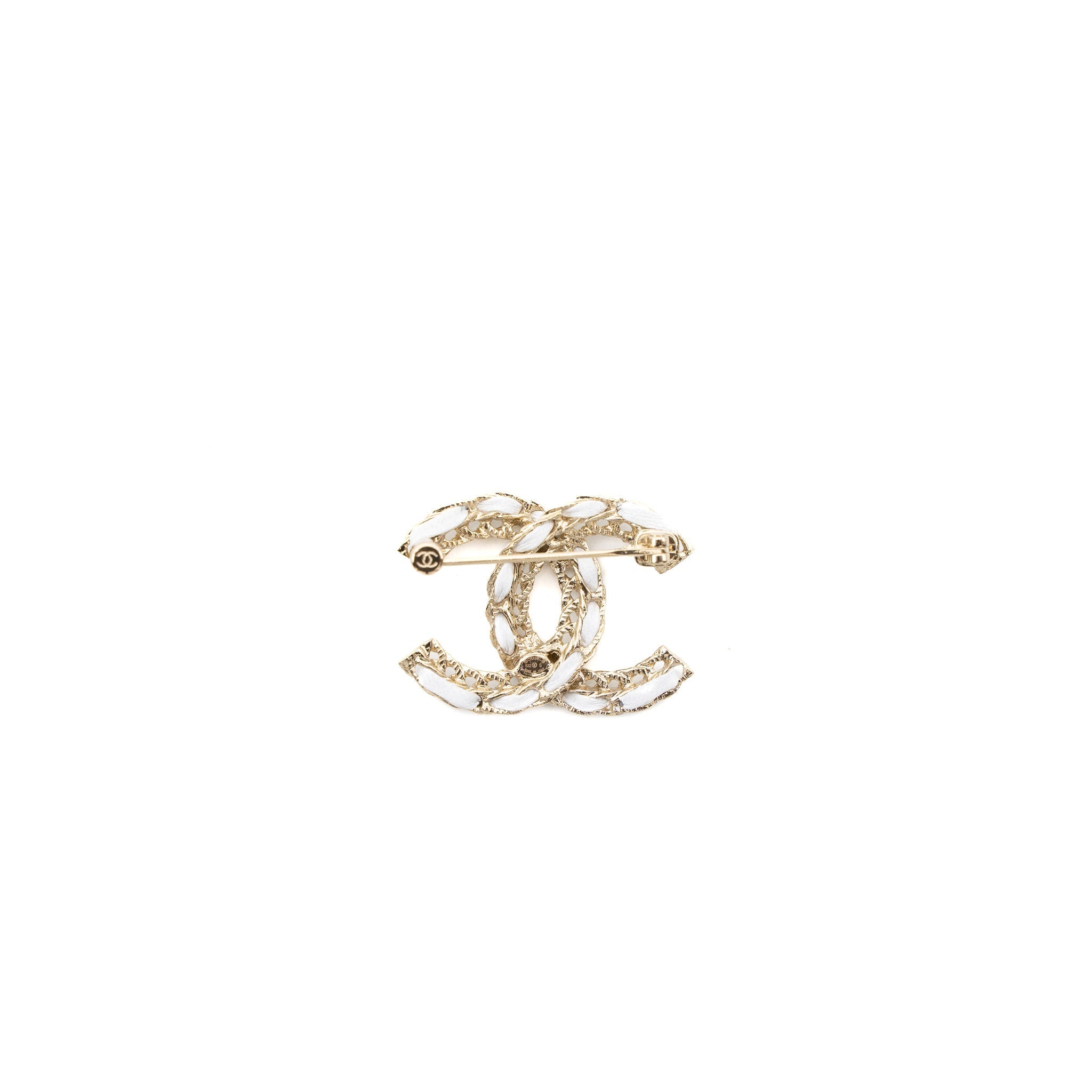 CHANEL CC LOGO BROOCH LEATHER CHAIN WHITE LIGHT GOLD TONE