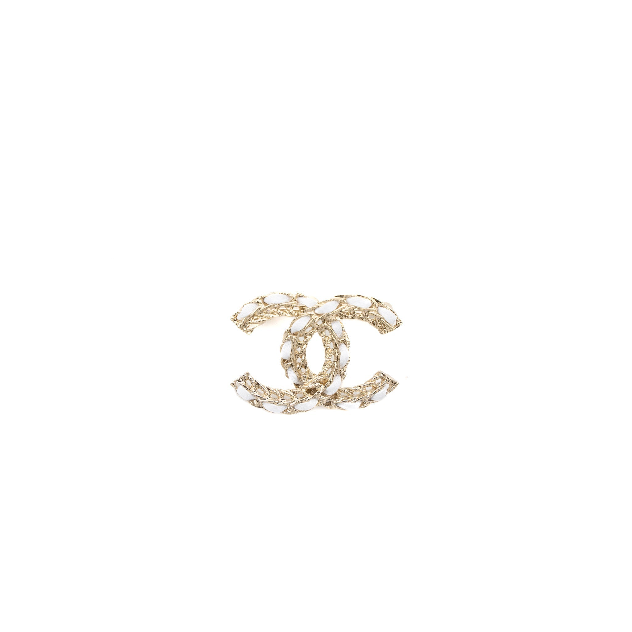 CHANEL CC LOGO BROOCH LEATHER CHAIN WHITE LIGHT GOLD TONE