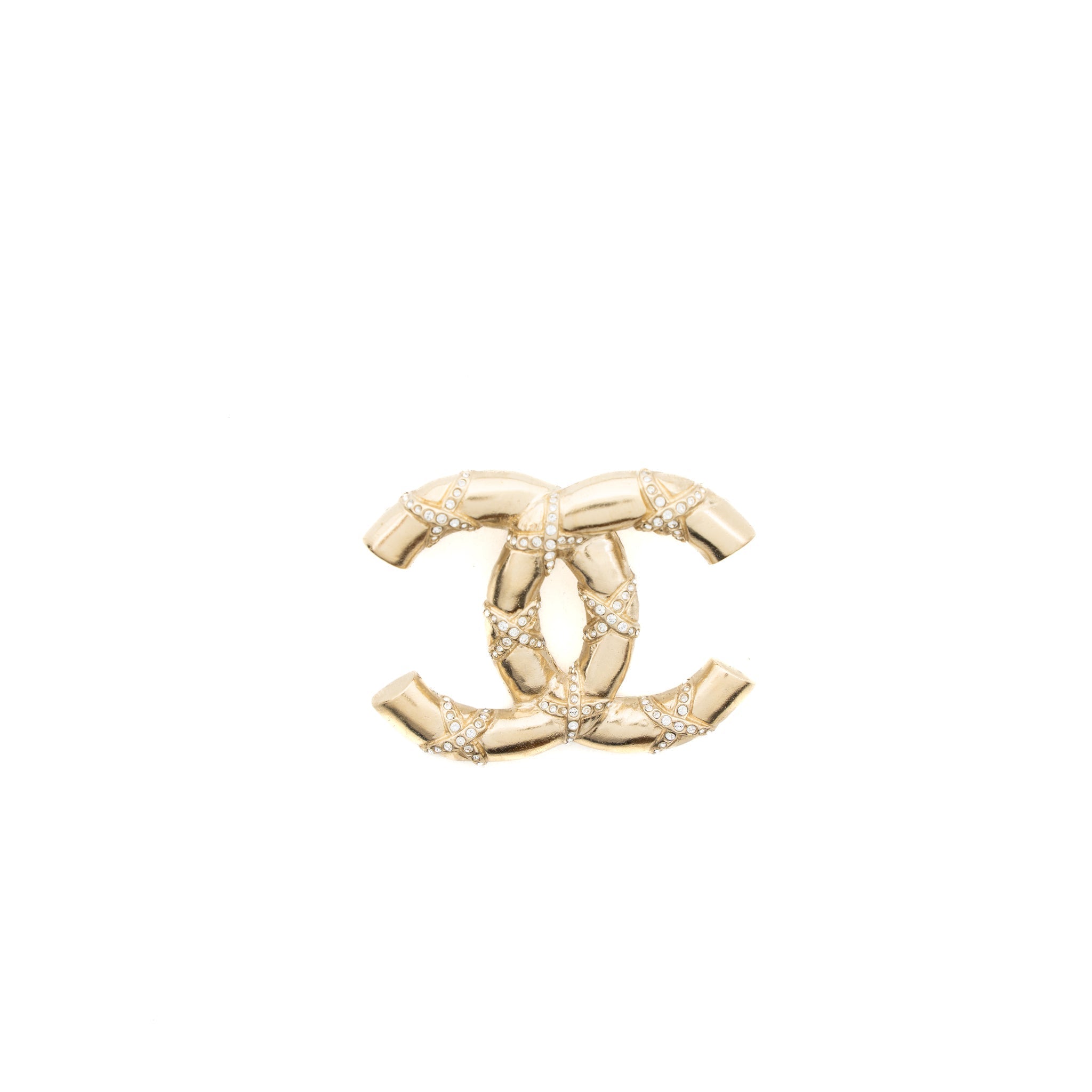 CHANEL CC LOGO BROOCH CRYSTAL BRUSHED LIGHT GOLD TONE